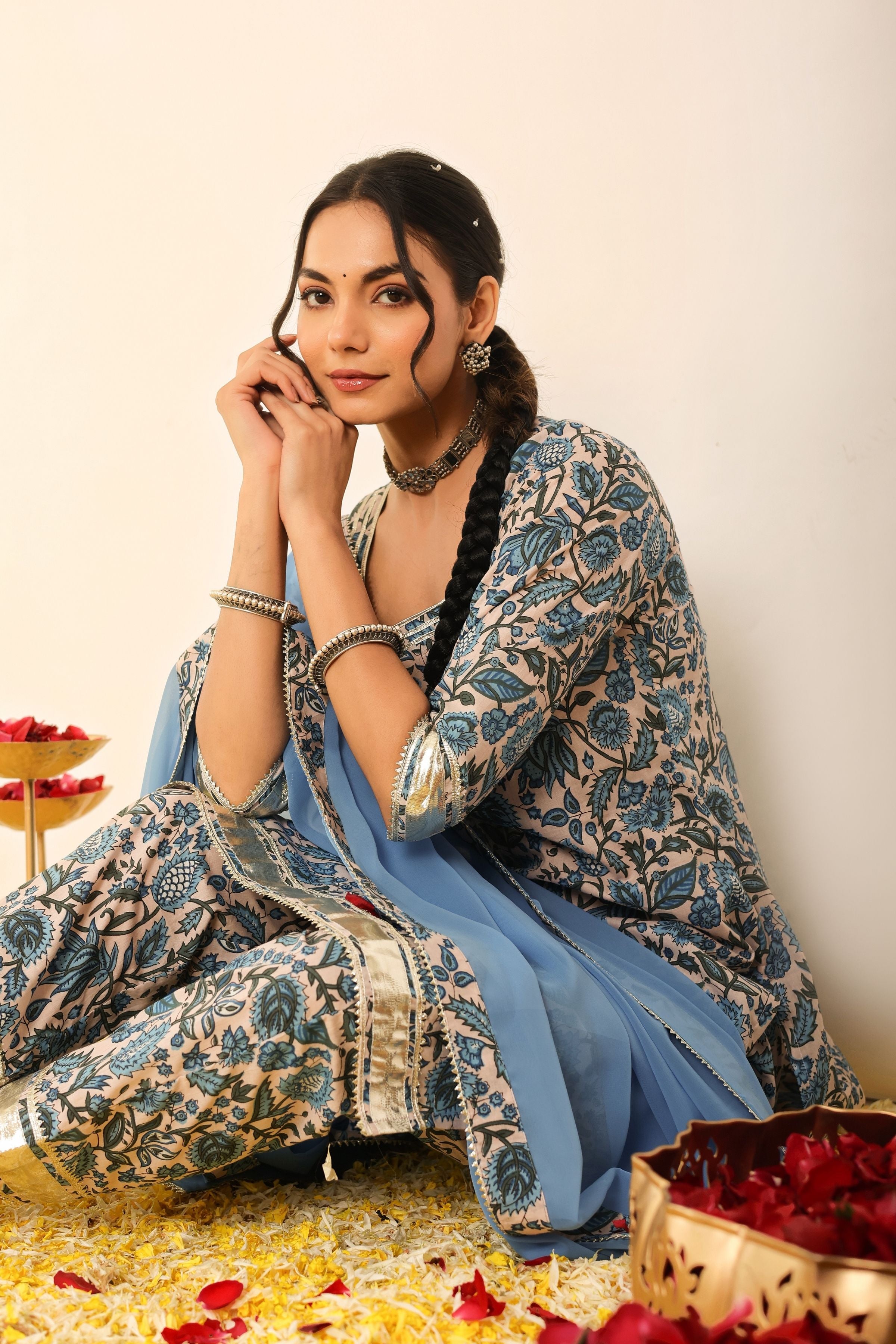 Blue and White Floral Printed Suit Set Paired with Pant and Dupatta - Kaoribyshreya