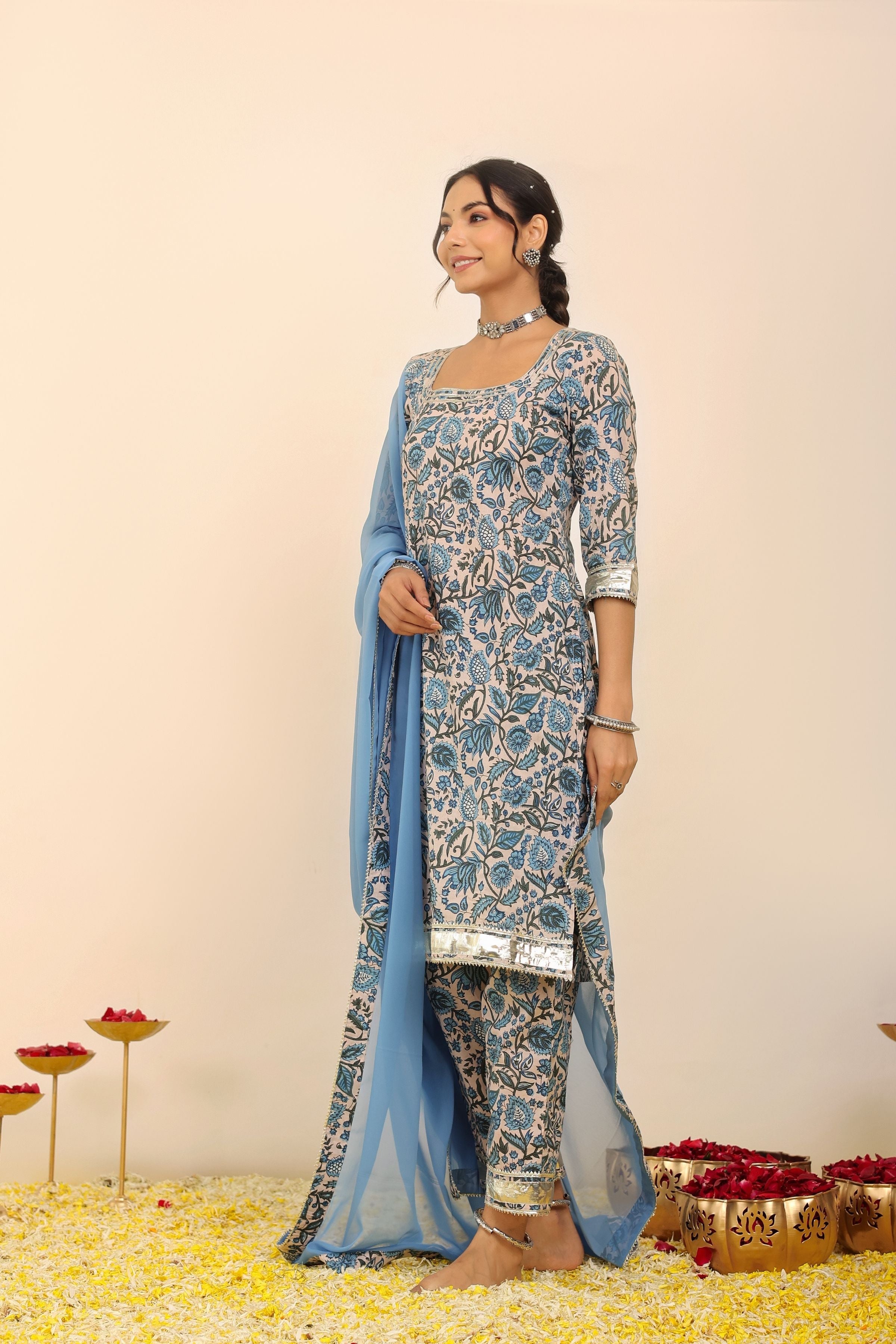 Blue and White Floral Printed Suit Set Paired with Pant and Dupatta - Kaoribyshreya