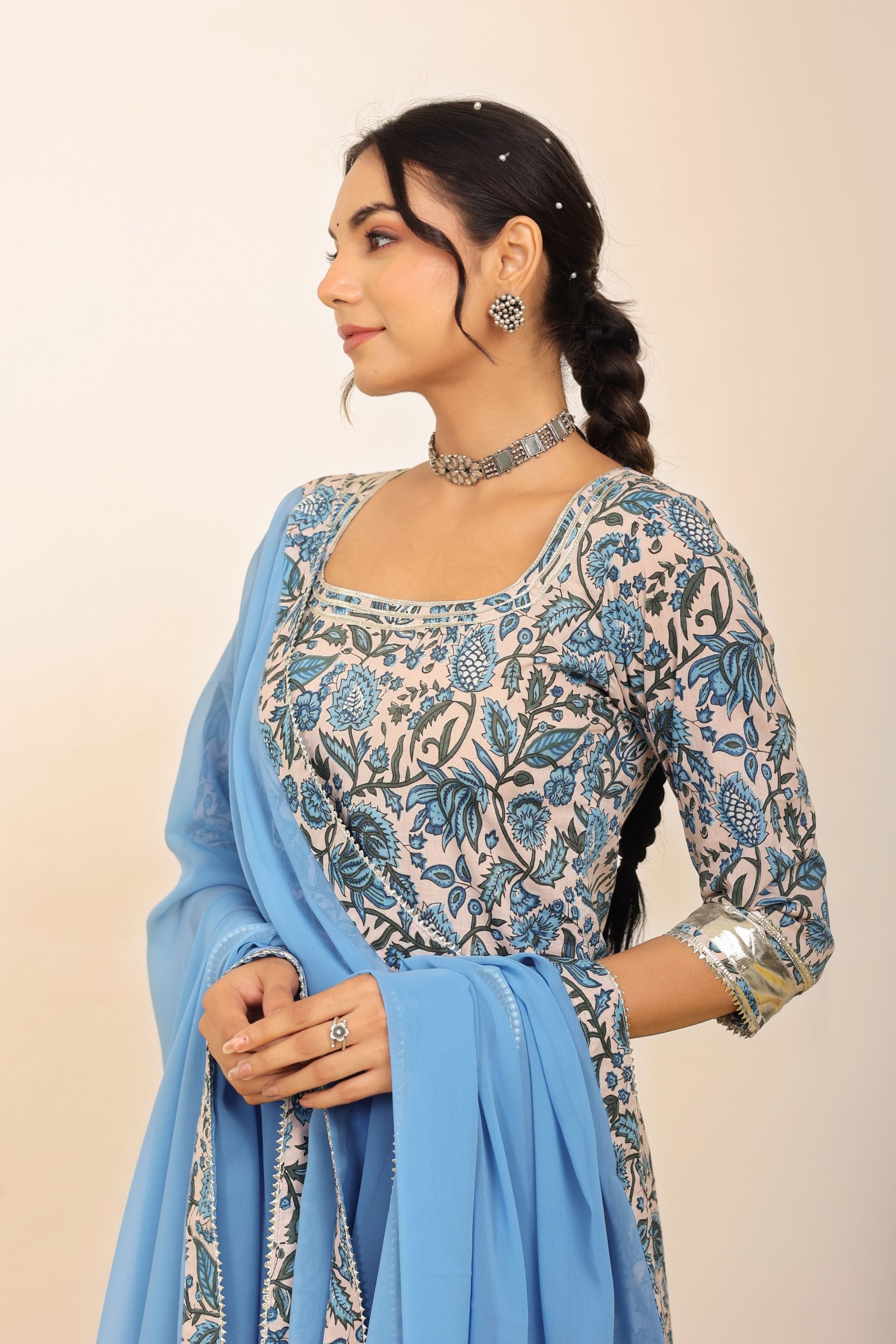 Blue and White Floral Printed Suit Set Paired with Pant and Dupatta - Kaoribyshreya