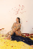 Yellow and Multicolor Floral Printed Anarkali Suit Set Paired With Pant and Black Dupatta - Kaoribyshreya