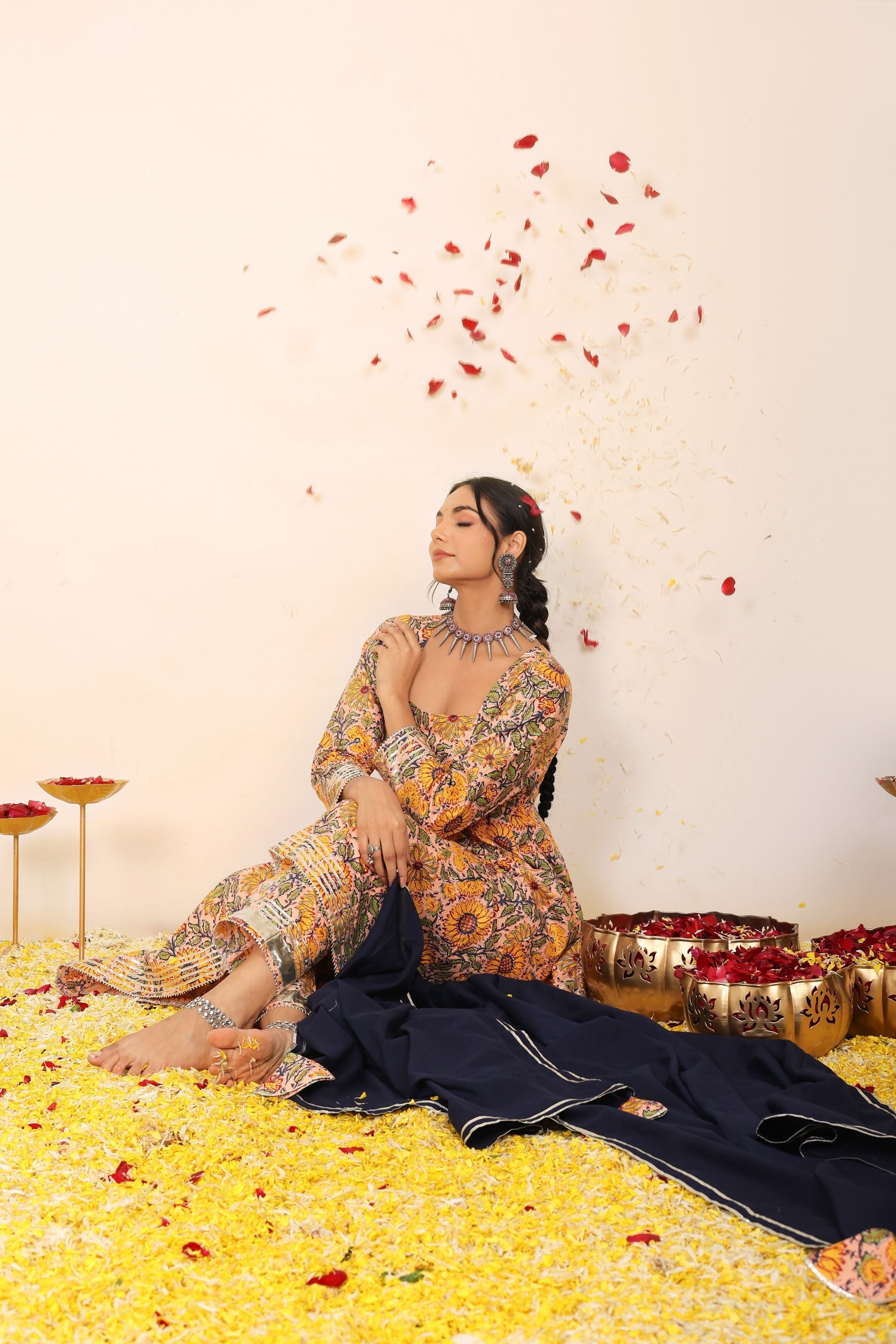 Yellow and Multicolor Floral Printed Anarkali Suit Set Paired With Pant and Black Dupatta - Kaoribyshreya