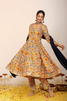 Yellow and Multicolor Floral Printed Anarkali Suit Set Paired With Pant and Black Dupatta - Kaoribyshreya