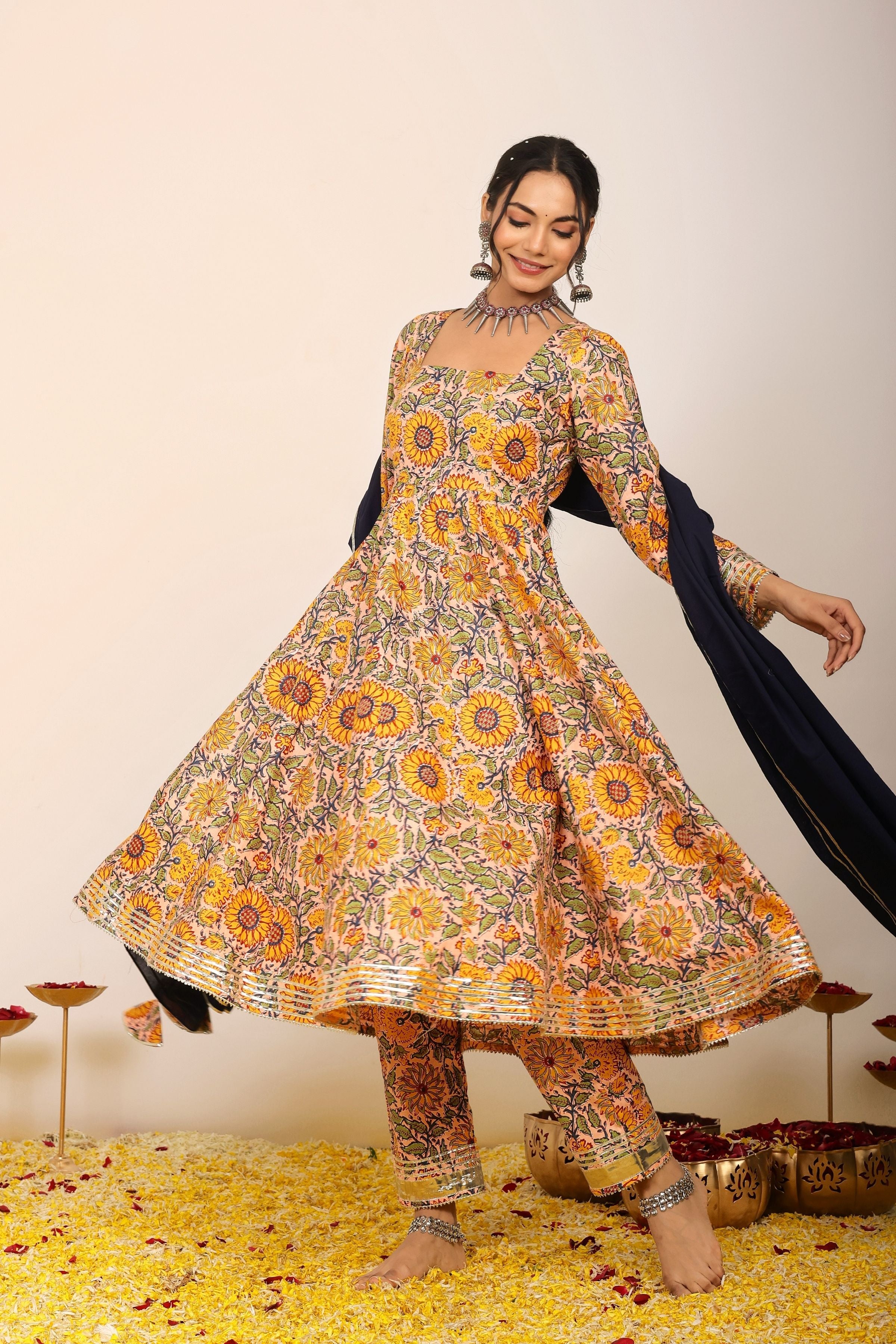 Yellow and Multicolor Floral Printed Anarkali Suit Set Paired With Pant and Black Dupatta - Kaoribyshreya