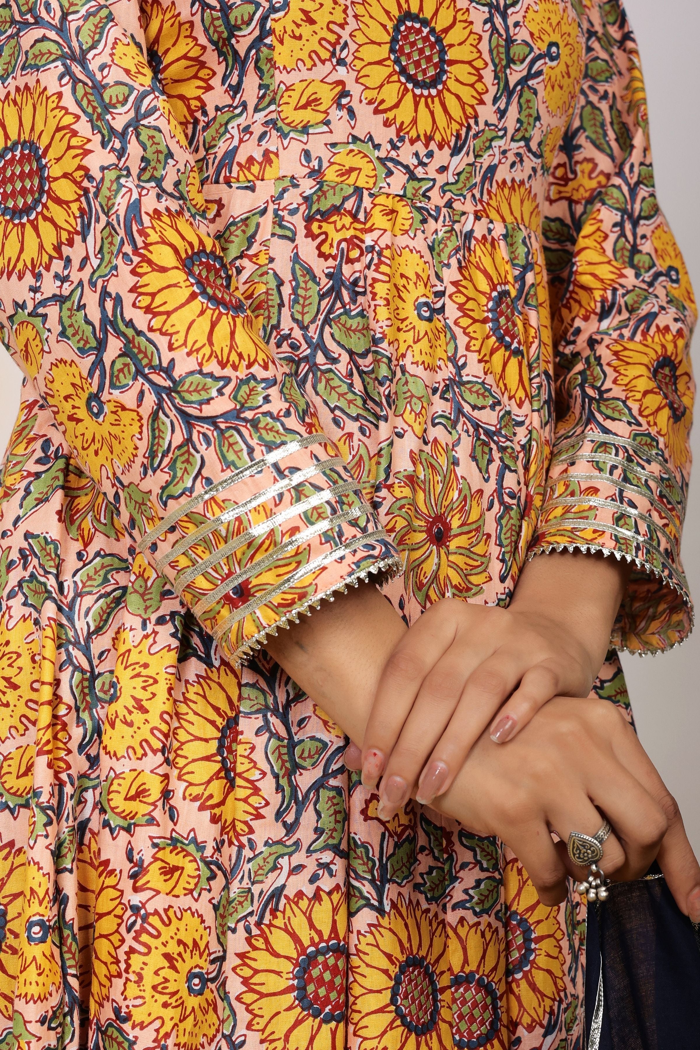 Yellow and Multicolor Floral Printed Anarkali Suit Set Paired With Pant and Black Dupatta - Kaoribyshreya