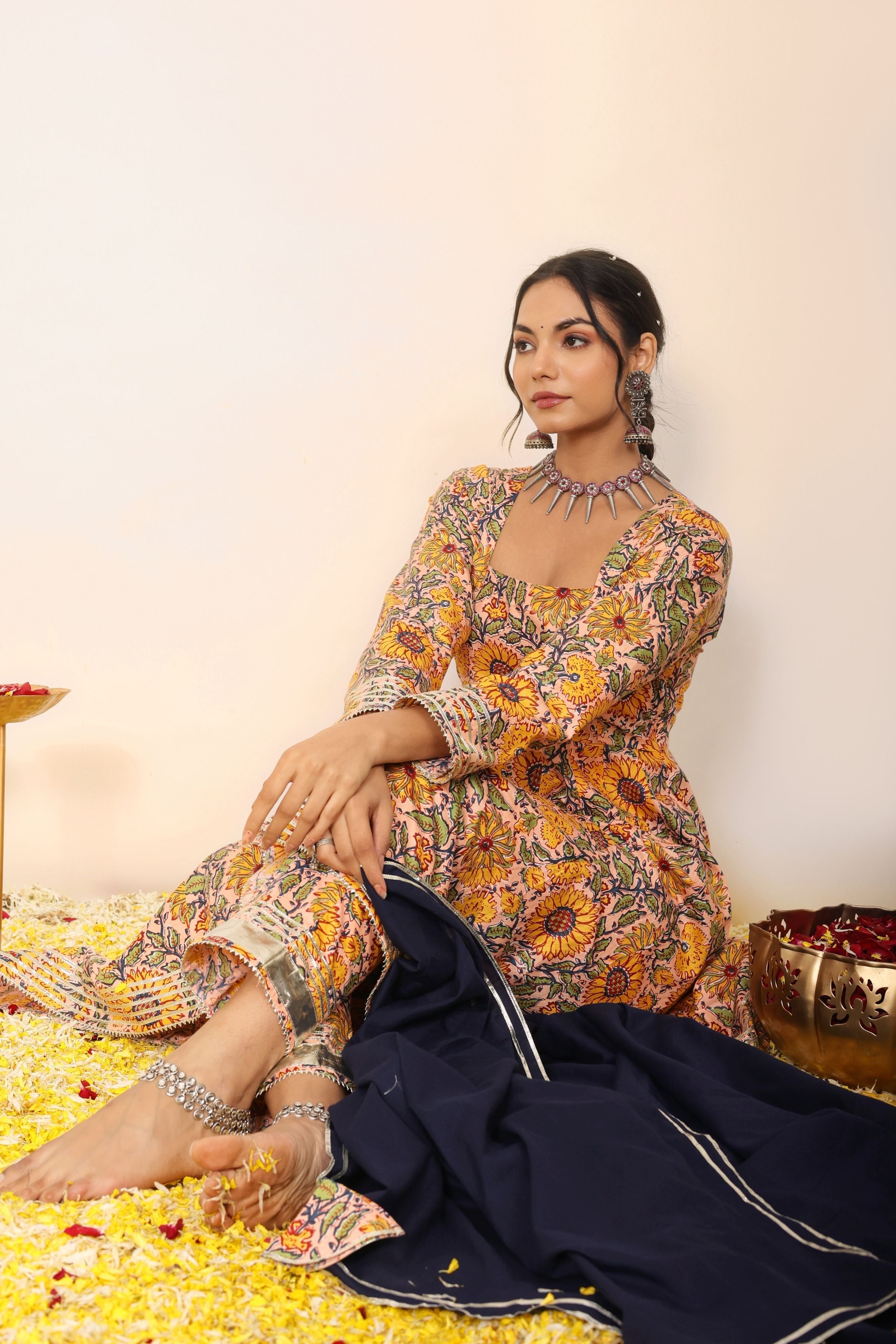 Yellow and Multicolor Floral Printed Anarkali Suit Set Paired With Pant and Black Dupatta - Kaoribyshreya