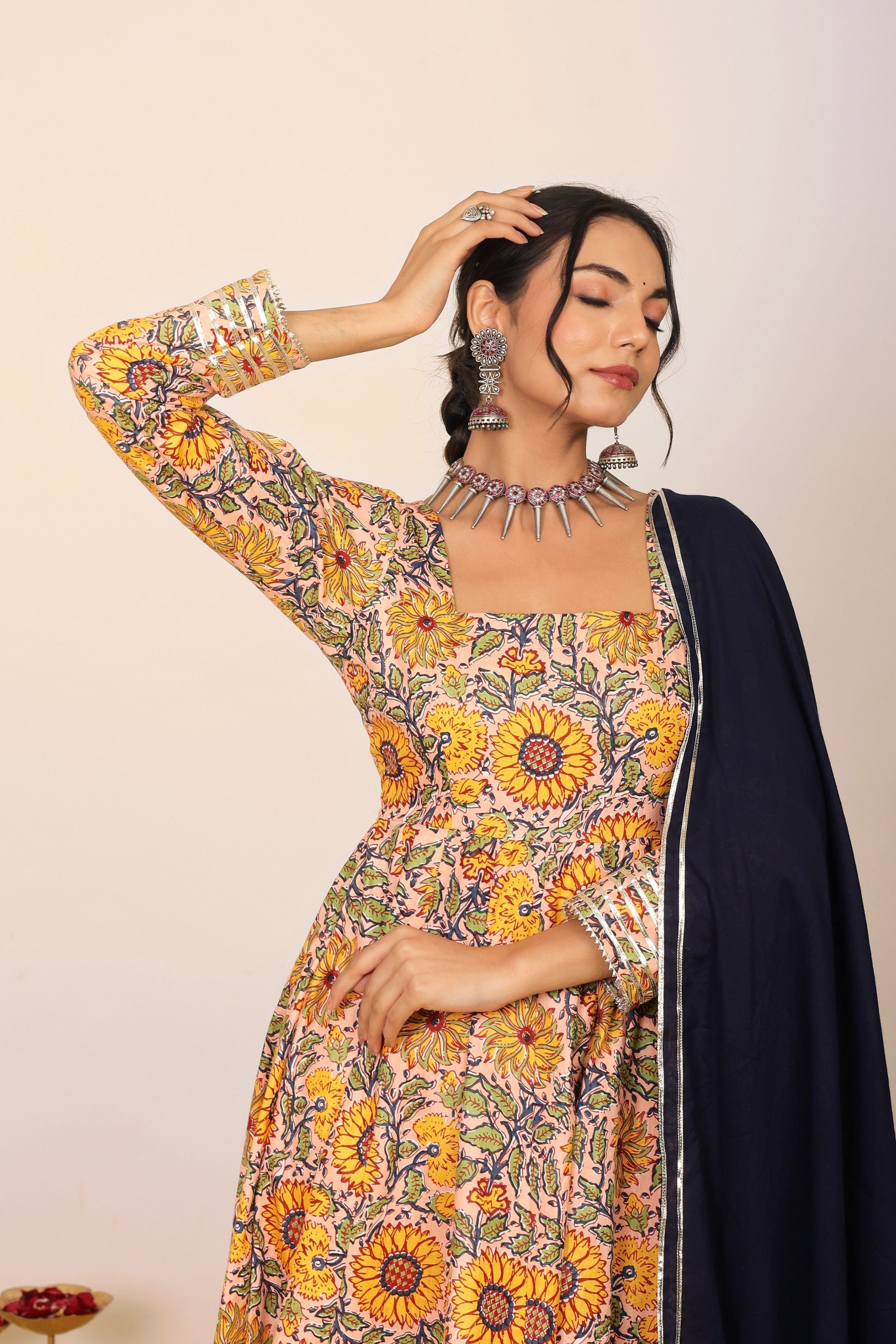 Yellow and Multicolor Floral Printed Anarkali Suit Set Paired With Pant and Black Dupatta - Kaoribyshreya