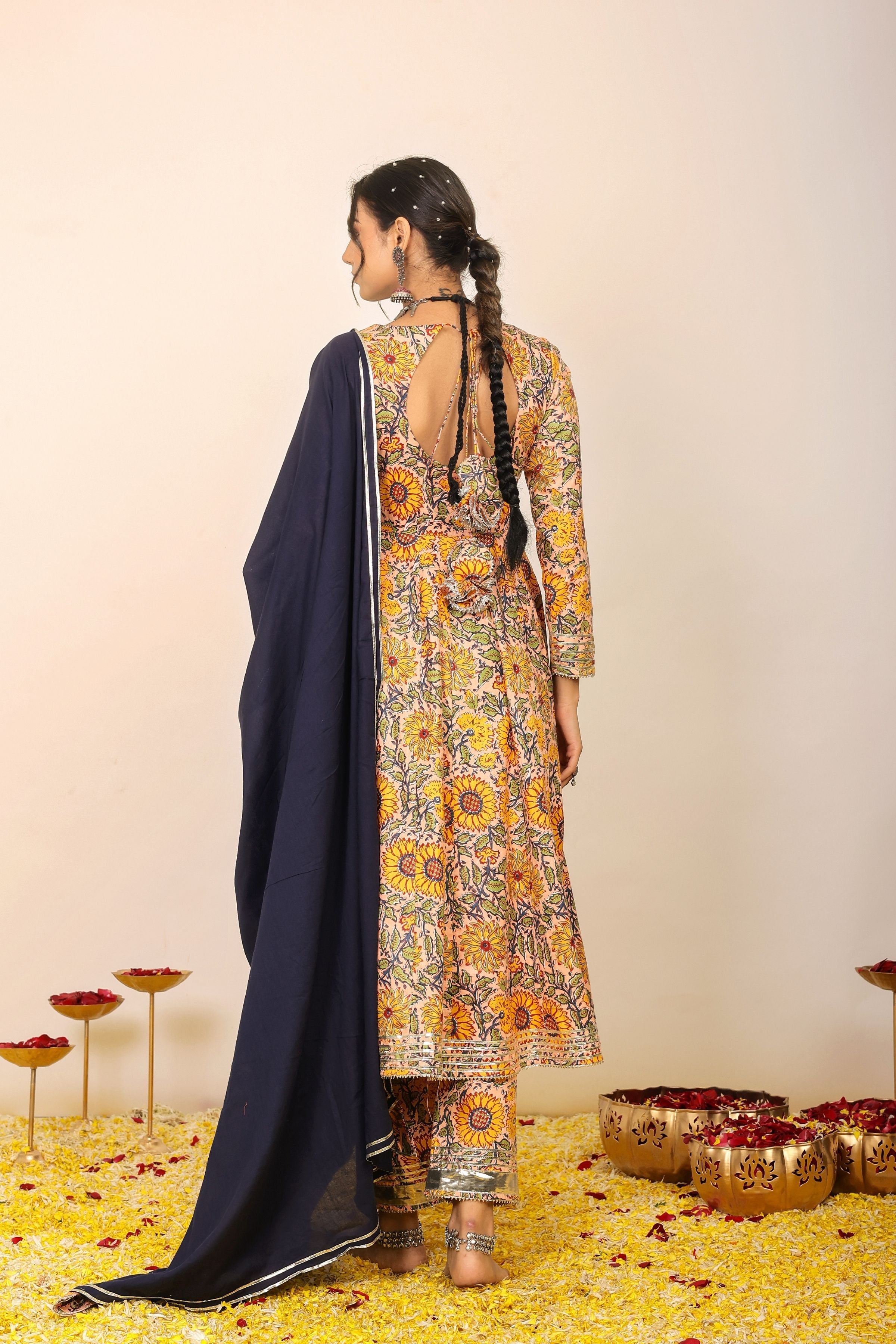 Yellow and Multicolor Floral Printed Anarkali Suit Set Paired With Pant and Black Dupatta - Kaoribyshreya