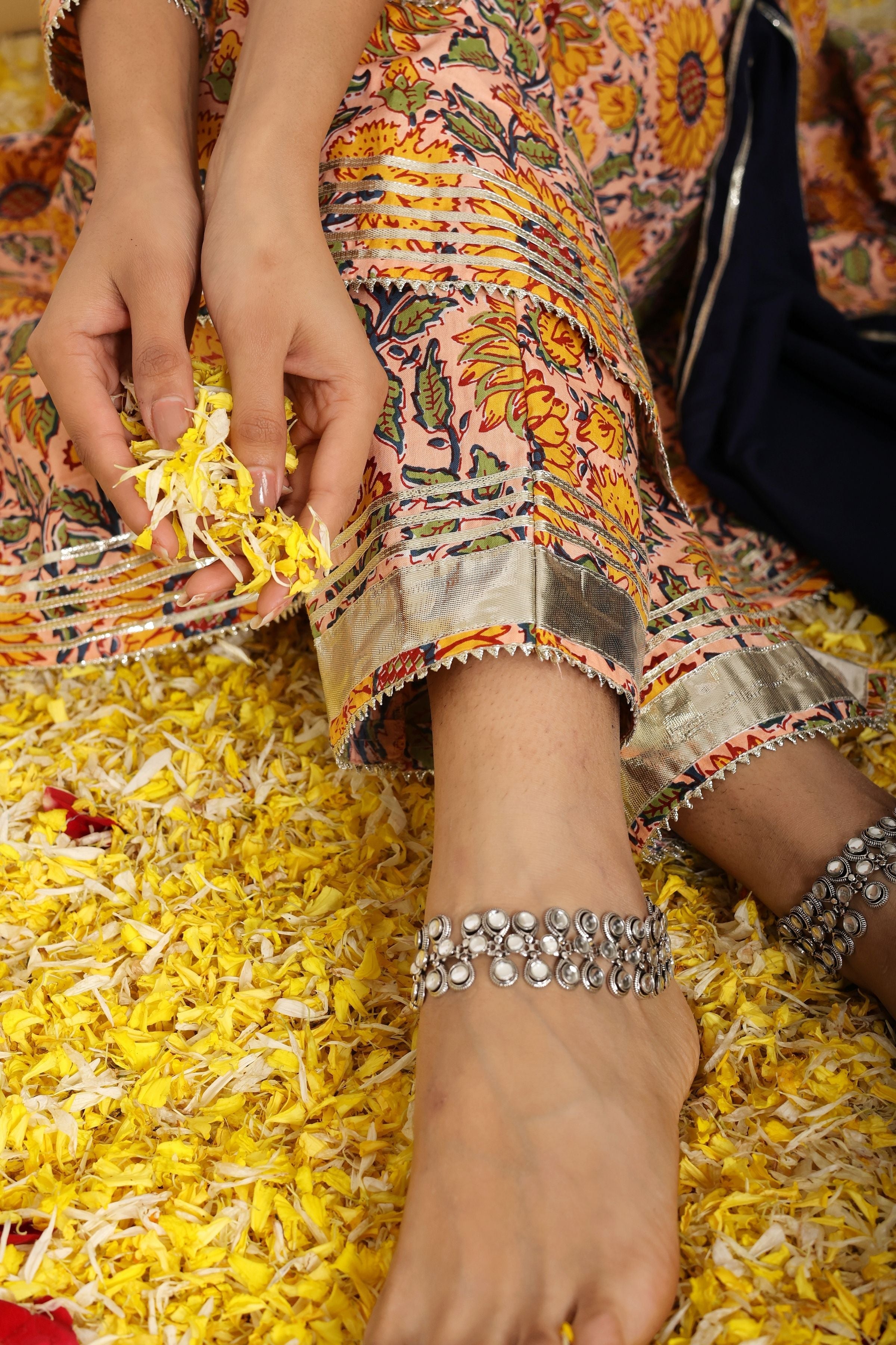 Yellow and Multicolor Floral Printed Anarkali Suit Set Paired With Pant and Black Dupatta - Kaoribyshreya