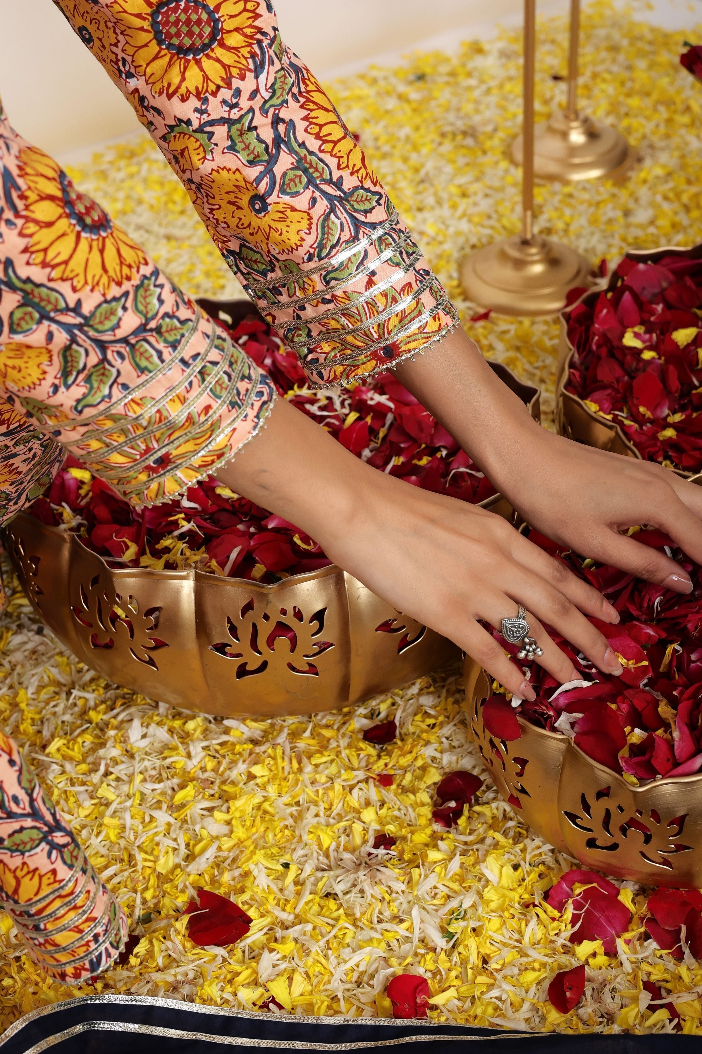 Yellow and Multicolor Floral Printed Anarkali Suit Set Paired With Pant and Black Dupatta - Kaoribyshreya