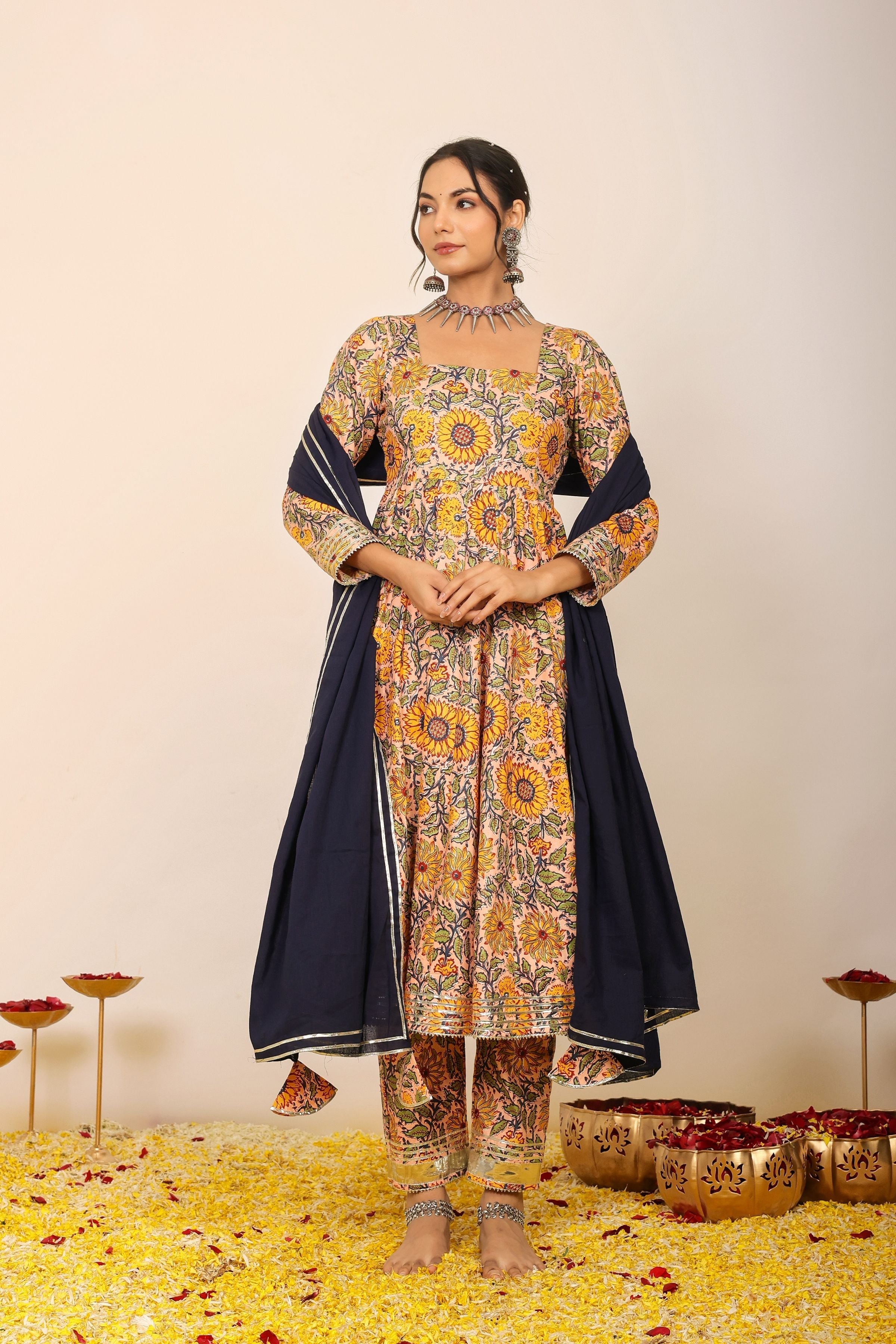 Yellow and Multicolor Floral Printed Anarkali Suit Set Paired With Pant and Black Dupatta - Kaoribyshreya
