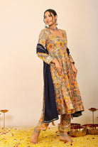 Yellow and Multicolor Floral Printed Anarkali Suit Set Paired With Pant and Black Dupatta - Kaoribyshreya