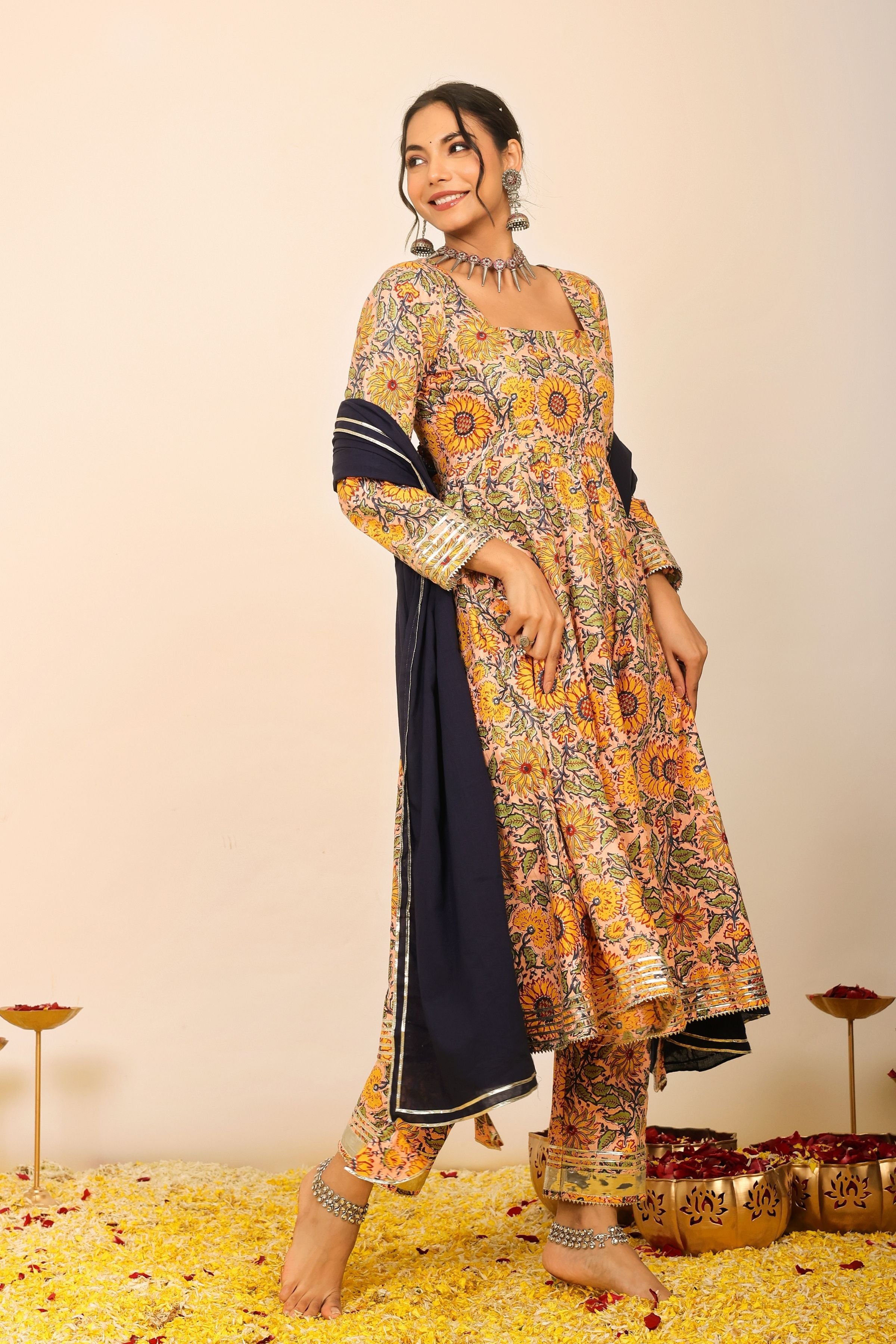 Yellow and Multicolor Floral Printed Anarkali Suit Set Paired With Pant and Black Dupatta - Kaoribyshreya