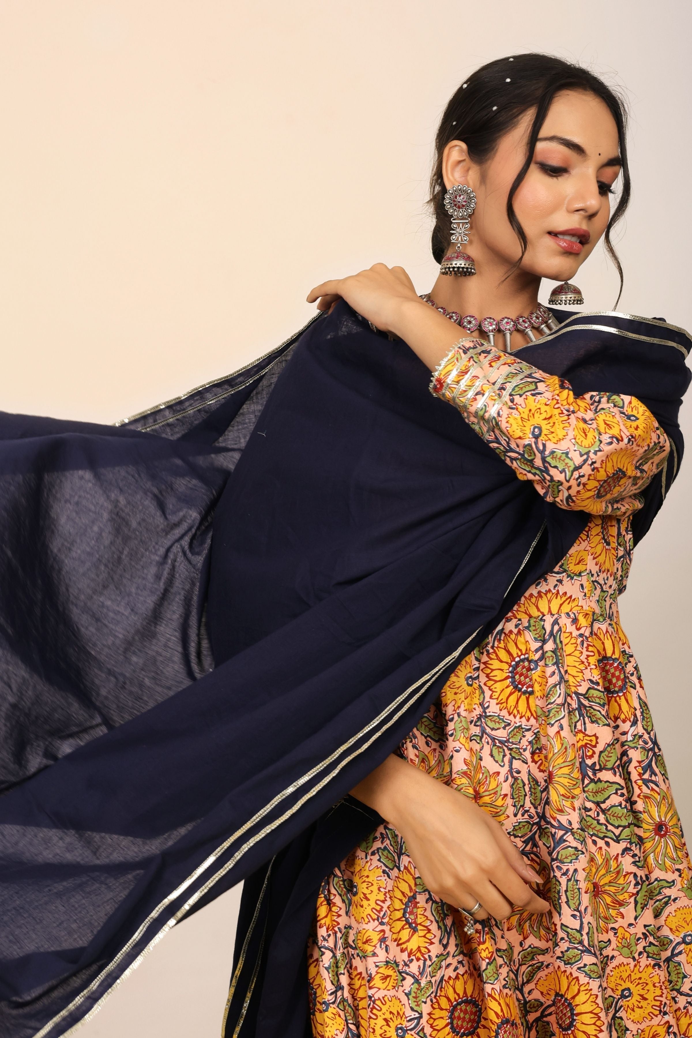 Yellow and Multicolor Floral Printed Anarkali Suit Set Paired With Pant and Black Dupatta - Kaoribyshreya