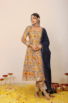 Yellow and Multicolor Floral Printed Anarkali Suit Set Paired With Pant and Black Dupatta - Kaoribyshreya