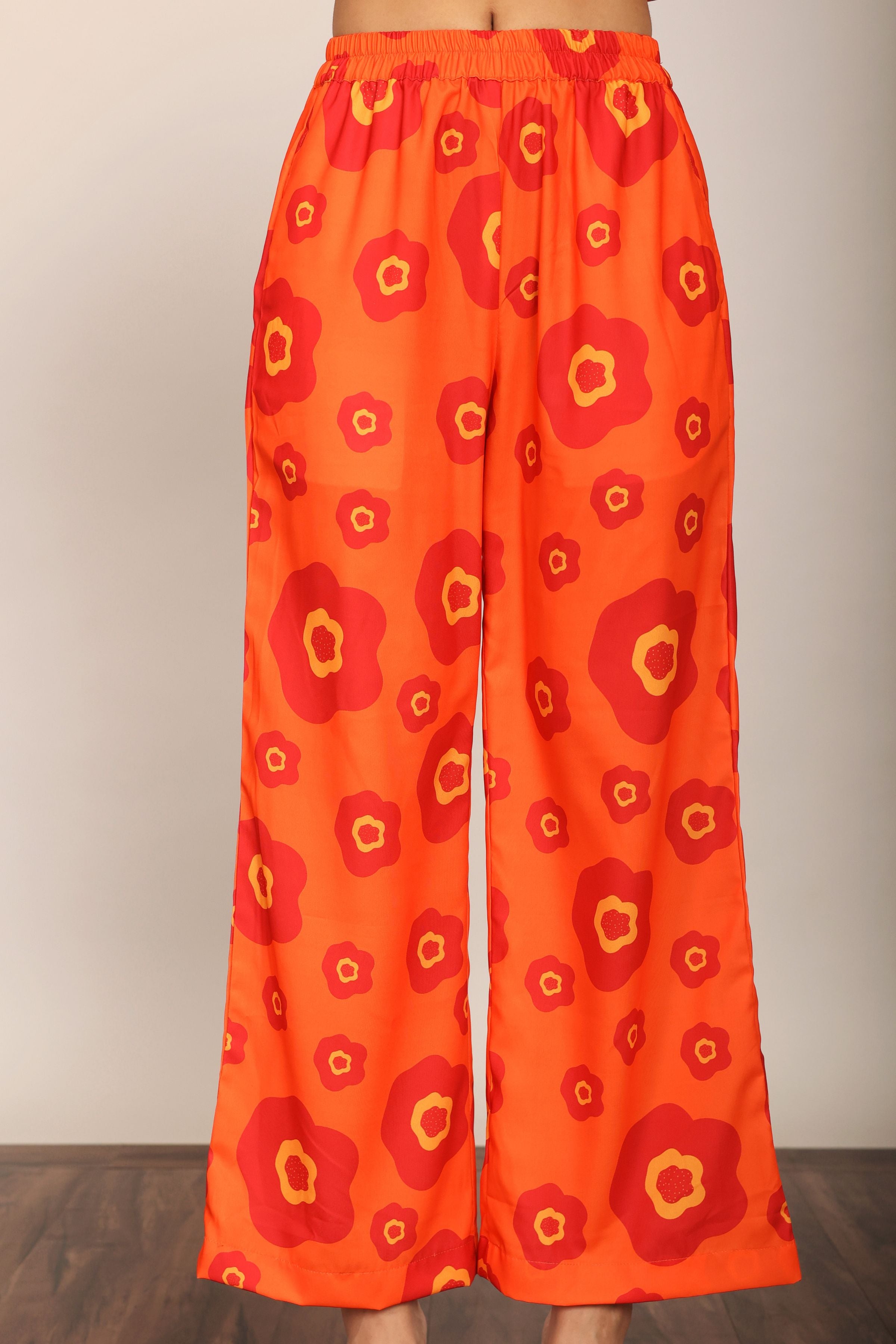 Orange Floral Printed Relaxed Pant With 2 Pockets and Full Elastic Belt - Kaoribyshreya