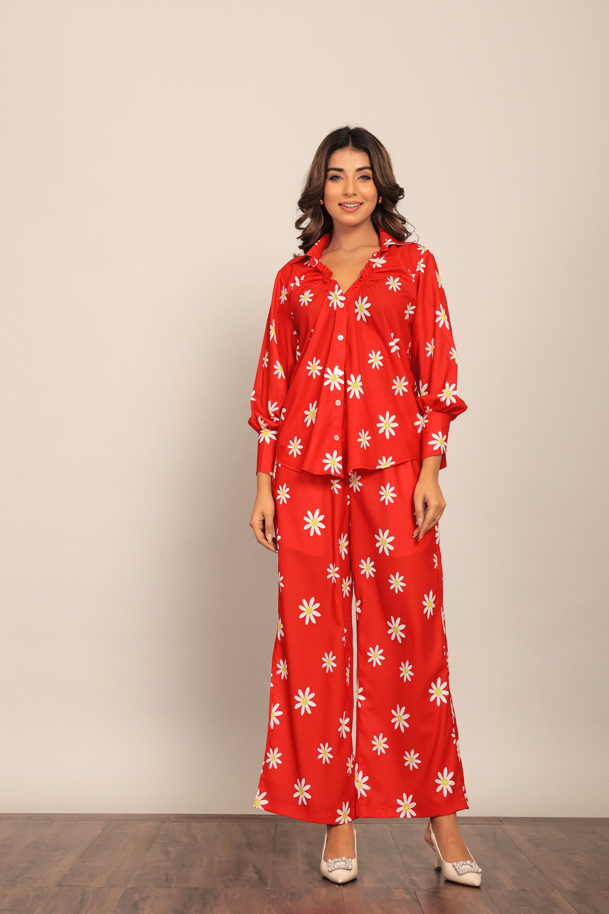 Red and White Floral Print Relaxed Pant with 2 Pockets and Full Elastic Belt - Kaoribyshreya