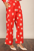 Red and White Floral Print Relaxed Pant with 2 Pockets and Full Elastic Belt - Kaoribyshreya