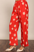 Red and White Floral Print Relaxed Pant with 2 Pockets and Full Elastic Belt - Kaoribyshreya