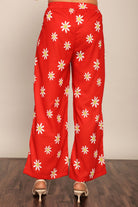 Red and White Floral Print Relaxed Pant with 2 Pockets and Full Elastic Belt - Kaoribyshreya