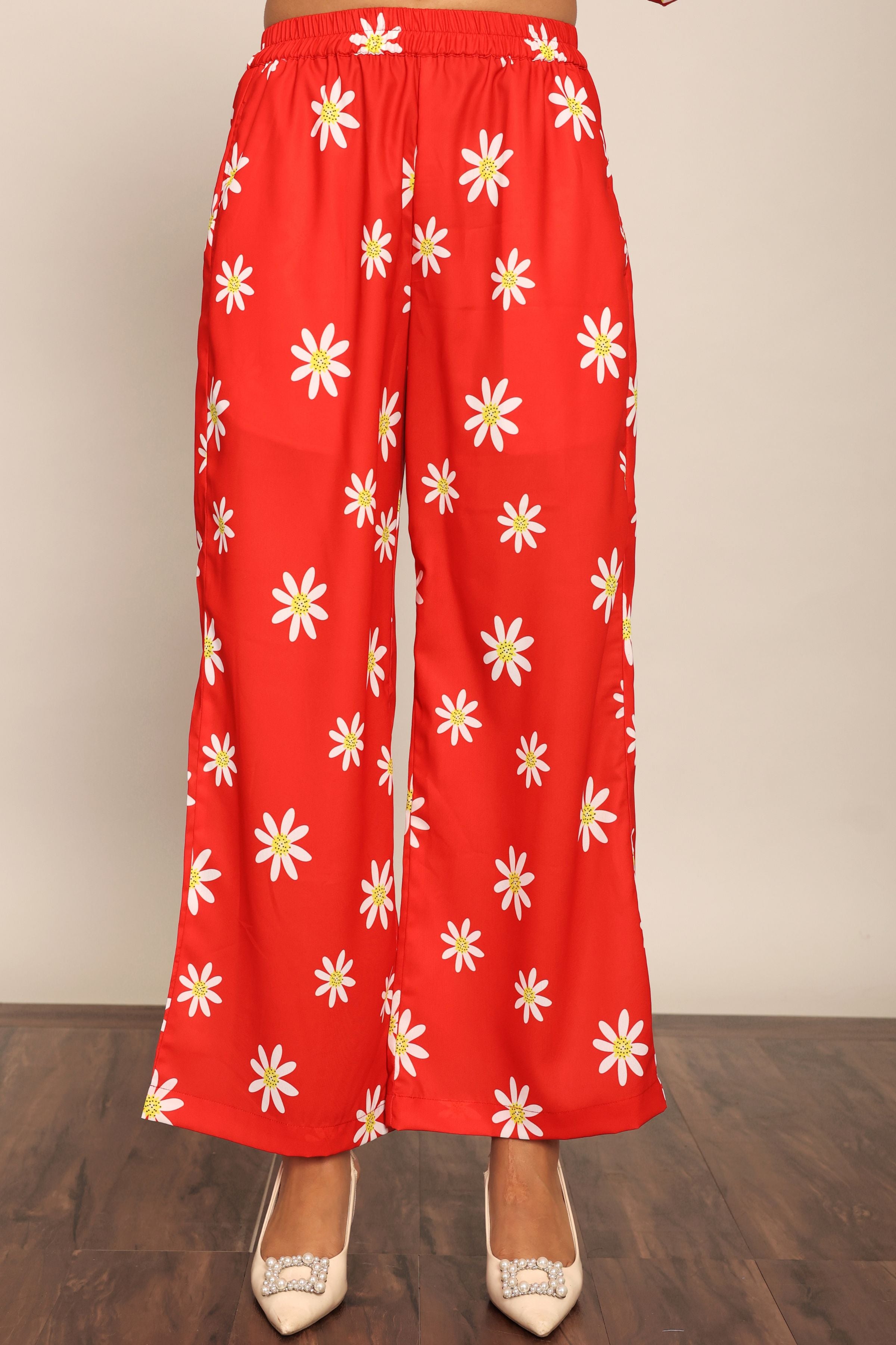 Red and White Floral Print Relaxed Pant with 2 Pockets and Full Elastic Belt - Kaoribyshreya