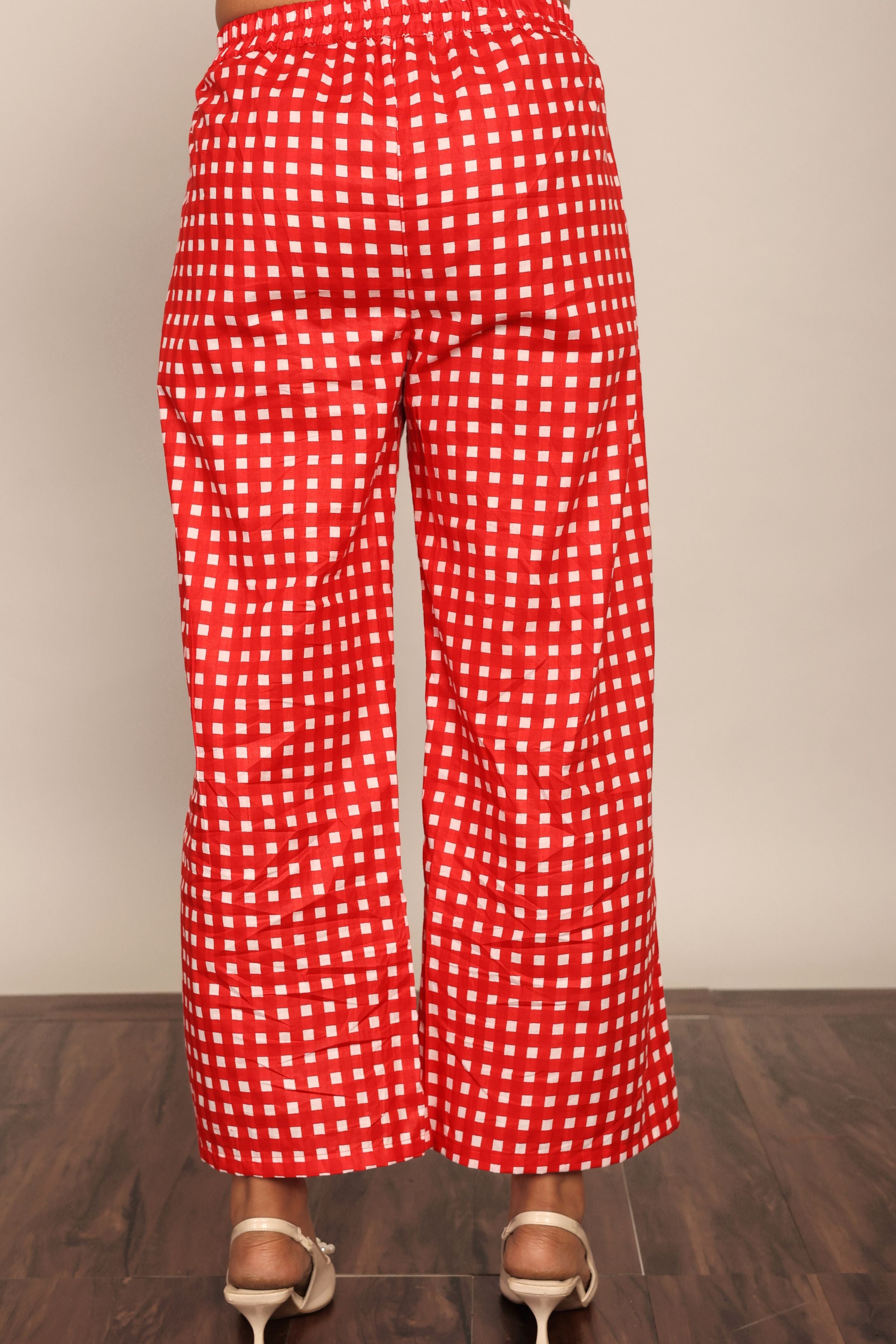 Red Geometric Print Relaxed Pant with 2 Pockets and Full Elastic Belt - Kaoribyshreya