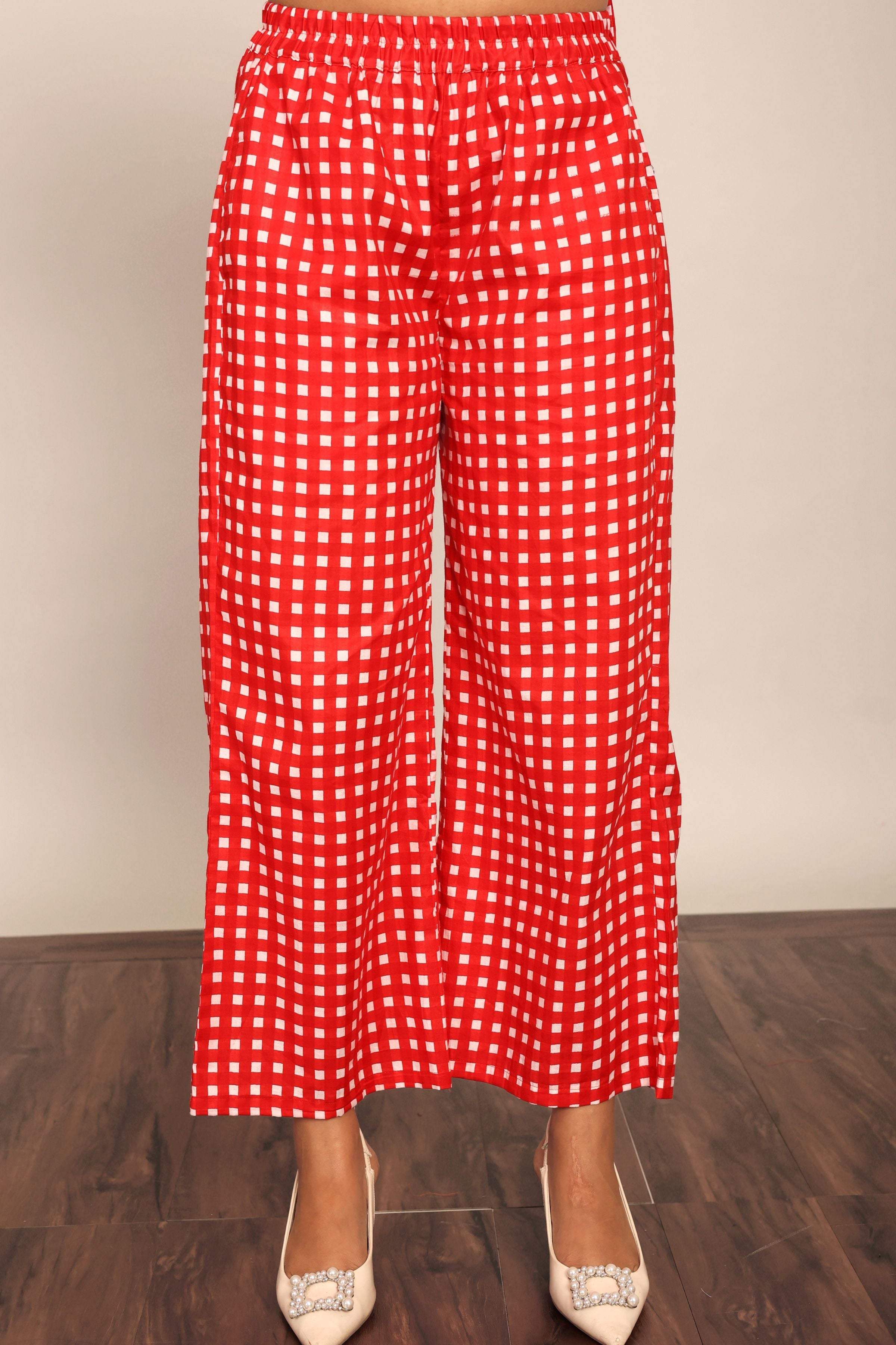 Red Geometric Print Relaxed Pant with 2 Pockets and Full Elastic Belt - Kaoribyshreya