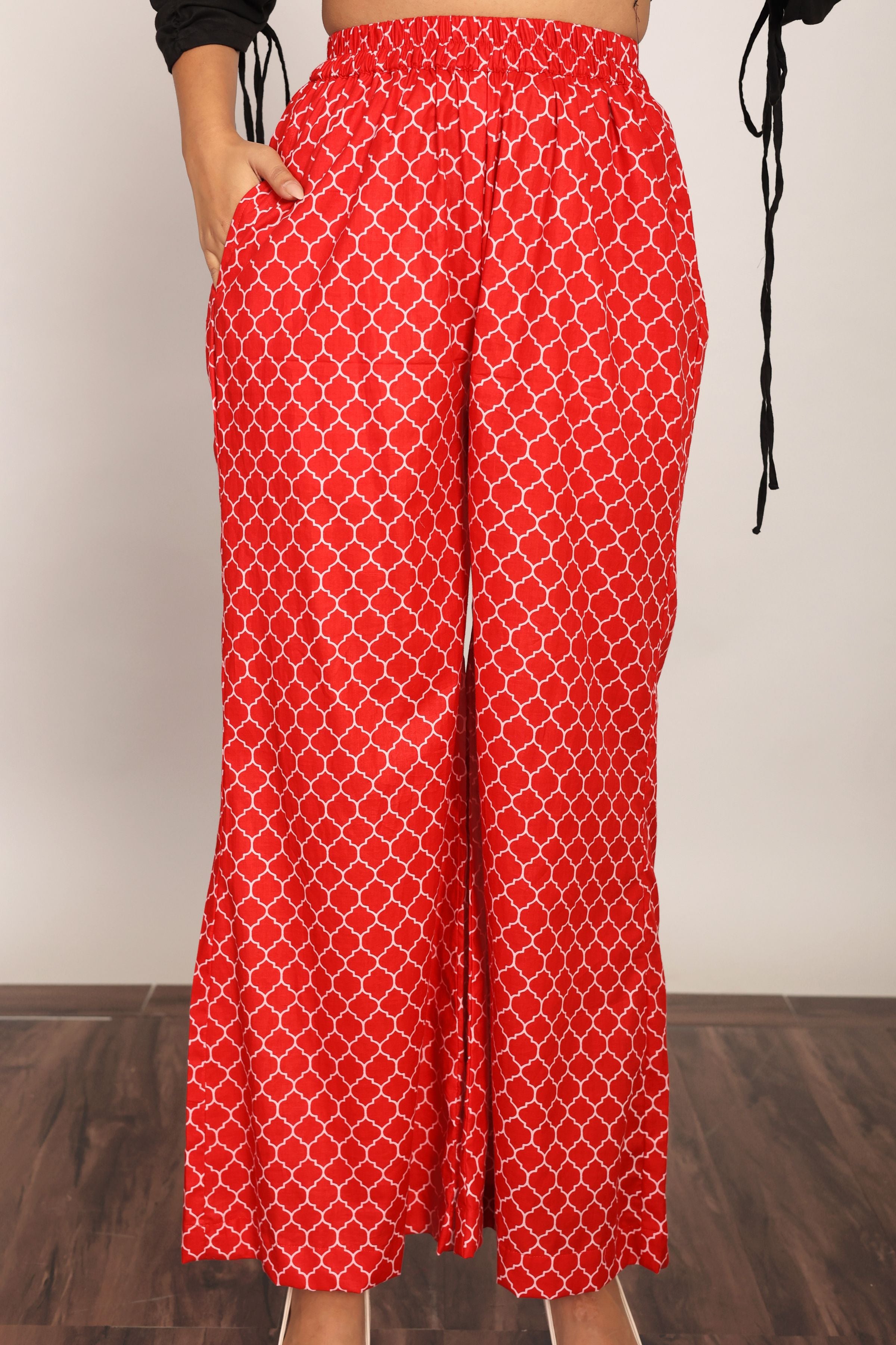 Red Printed Relaxed Pant with 2 Pockets and Full Elastic Belt - Kaoribyshreya