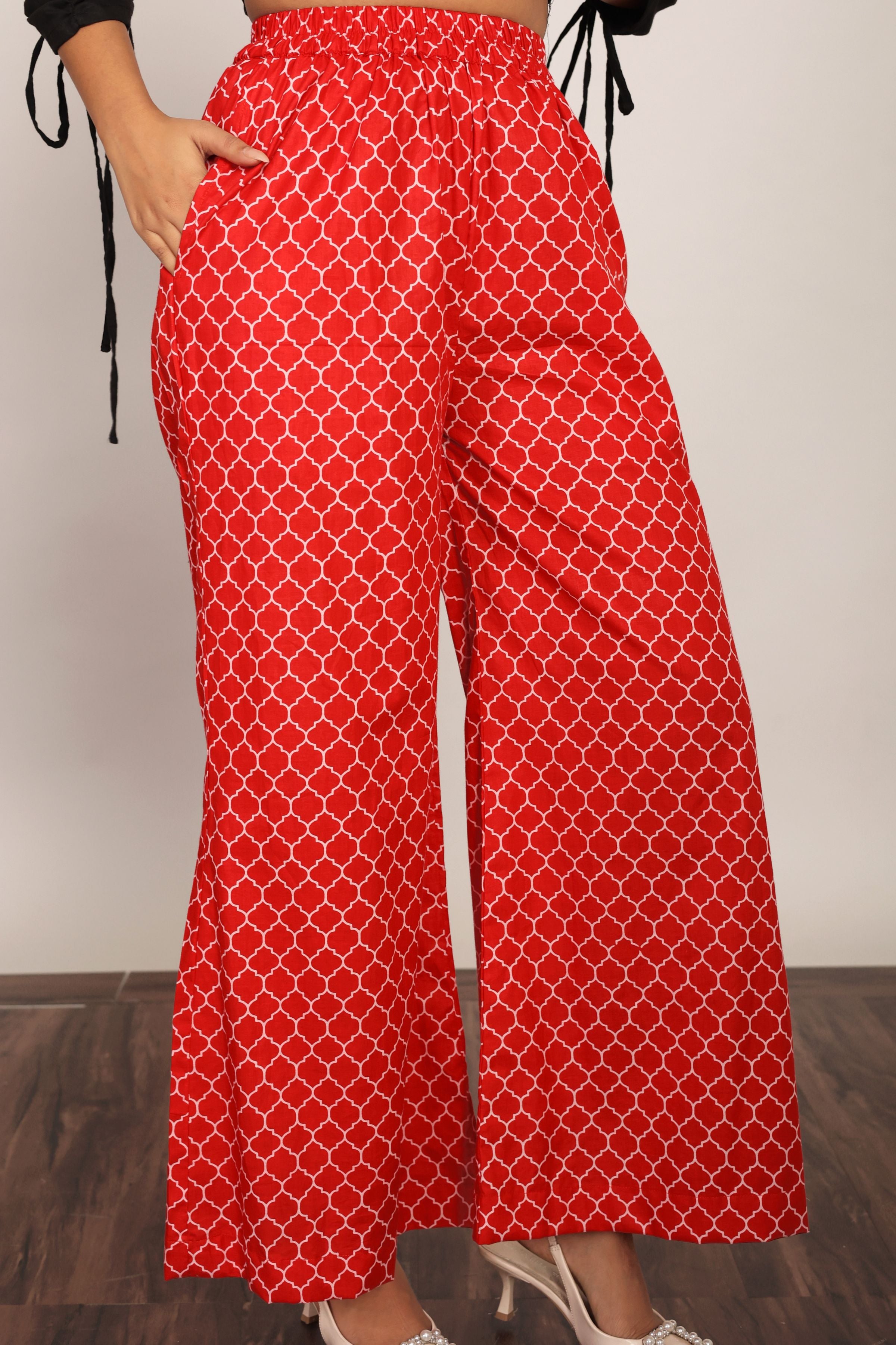 Red Printed Relaxed Pant with 2 Pockets and Full Elastic Belt - Kaoribyshreya