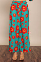 Sea Green and Red Floral Print Relaxed Pant with 2 Pockets and Full Elastic Belt - Kaoribyshreya