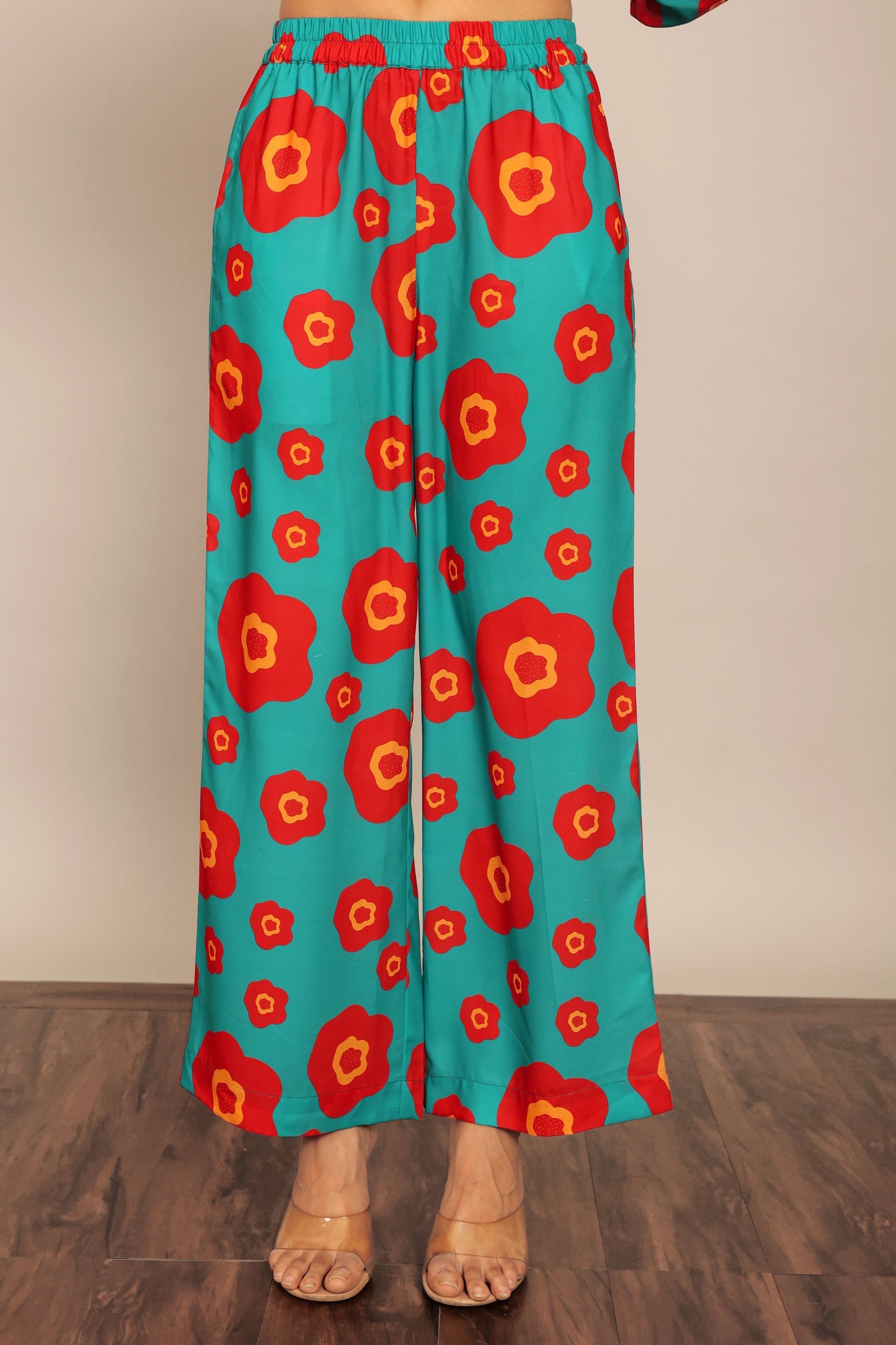 Sea Green and Red Floral Print Relaxed Pant with 2 Pockets and Full Elastic Belt - Kaoribyshreya