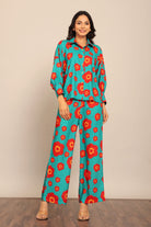 Sea Green and Red Floral Print Relaxed Pant with 2 Pockets and Full Elastic Belt - Kaoribyshreya