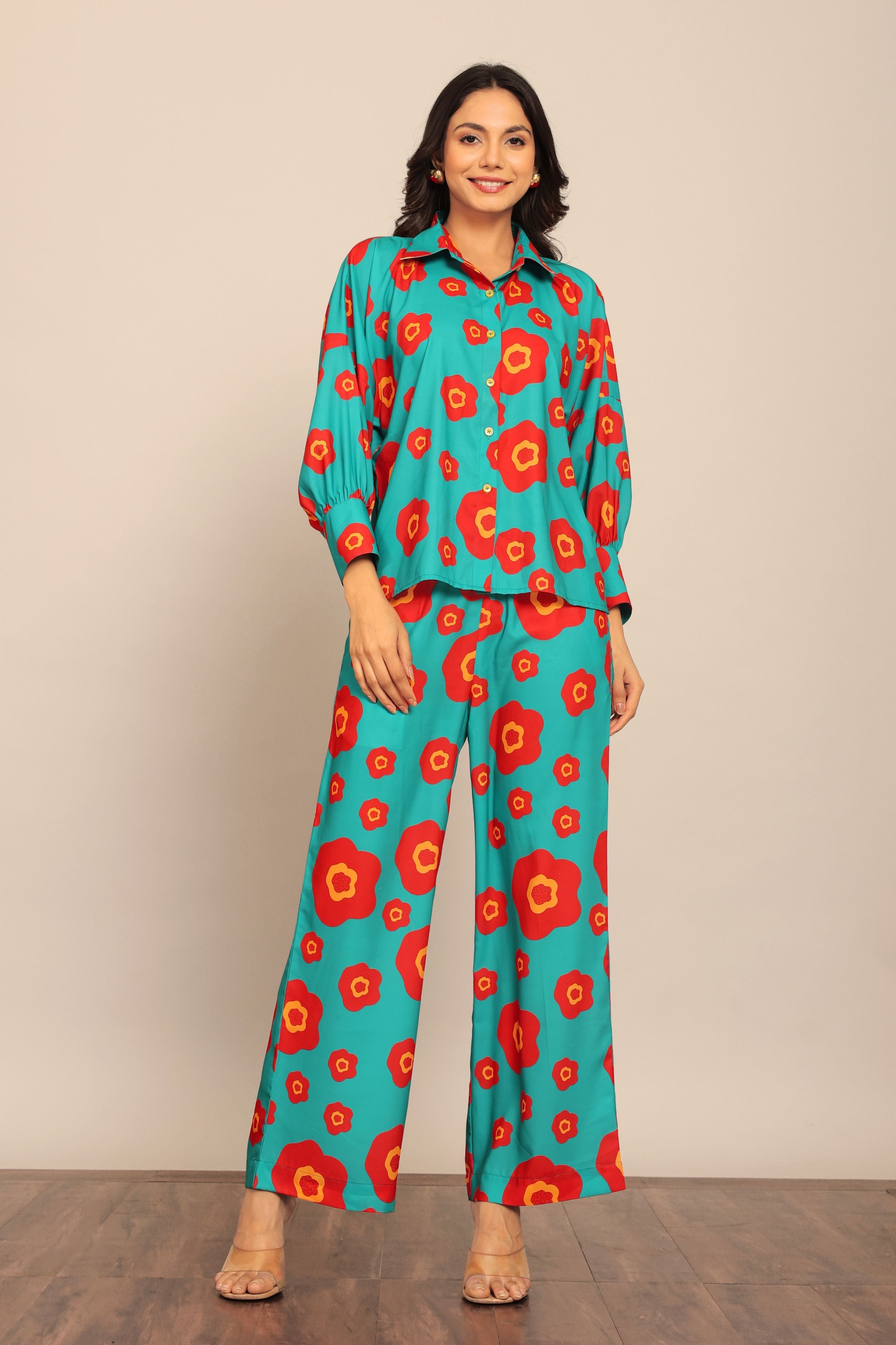 Sea Green and Red Floral Print Relaxed Pant with 2 Pockets and Full Elastic Belt - Kaoribyshreya