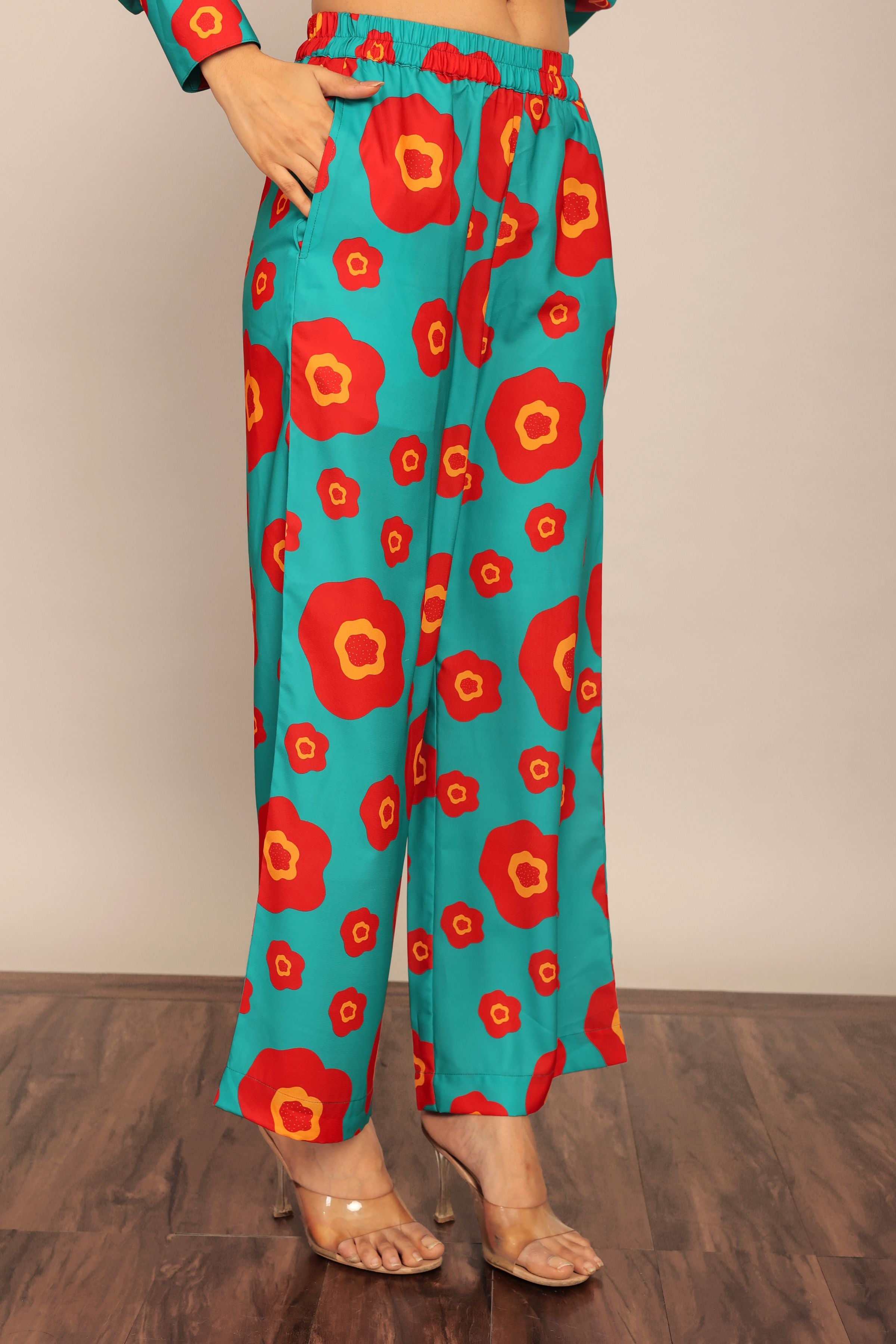 Sea Green and Red Floral Print Relaxed Pant with 2 Pockets and Full Elastic Belt - Kaoribyshreya