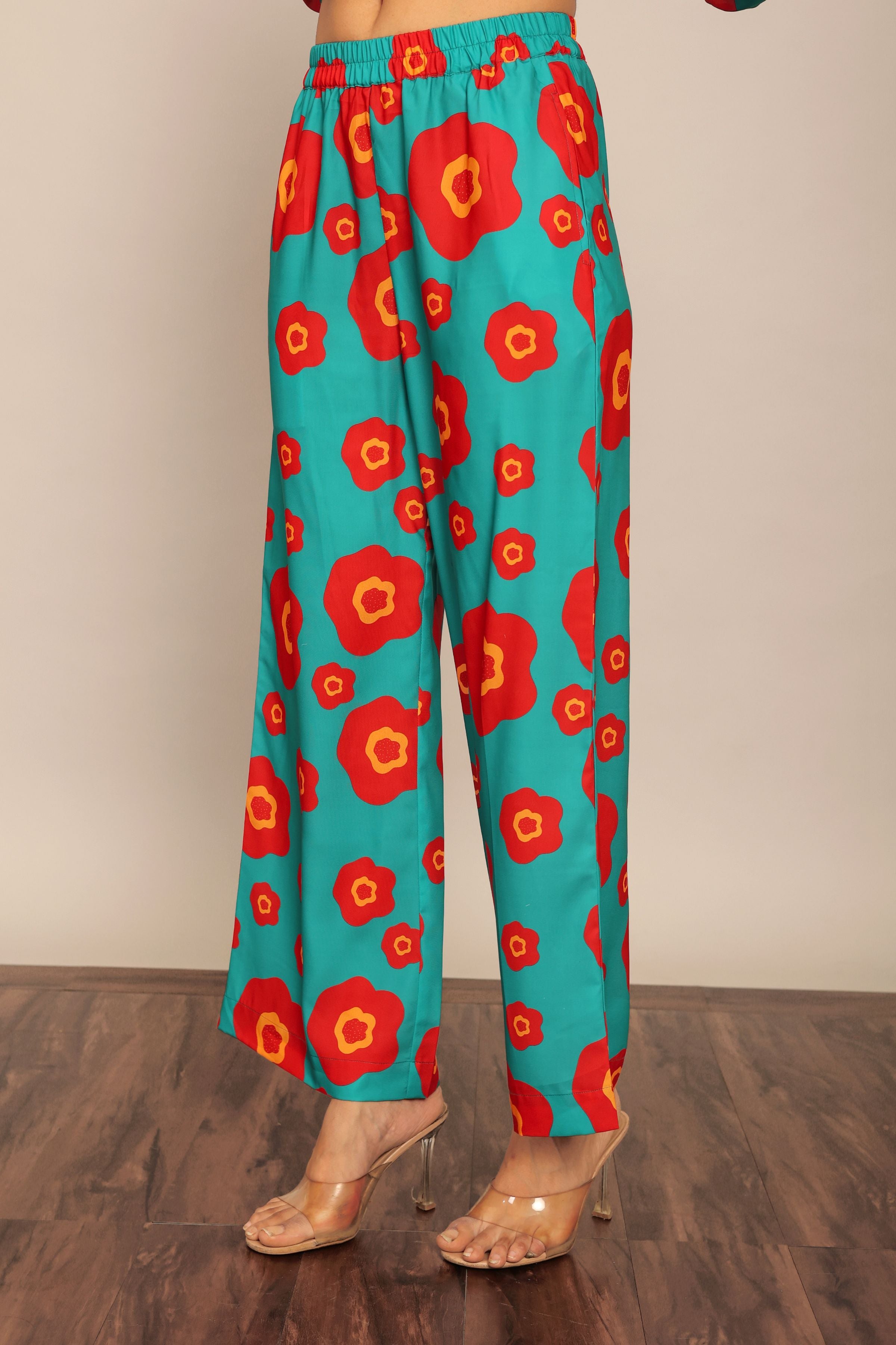 Sea Green and Red Floral Print Relaxed Pant with 2 Pockets and Full Elastic Belt - Kaoribyshreya