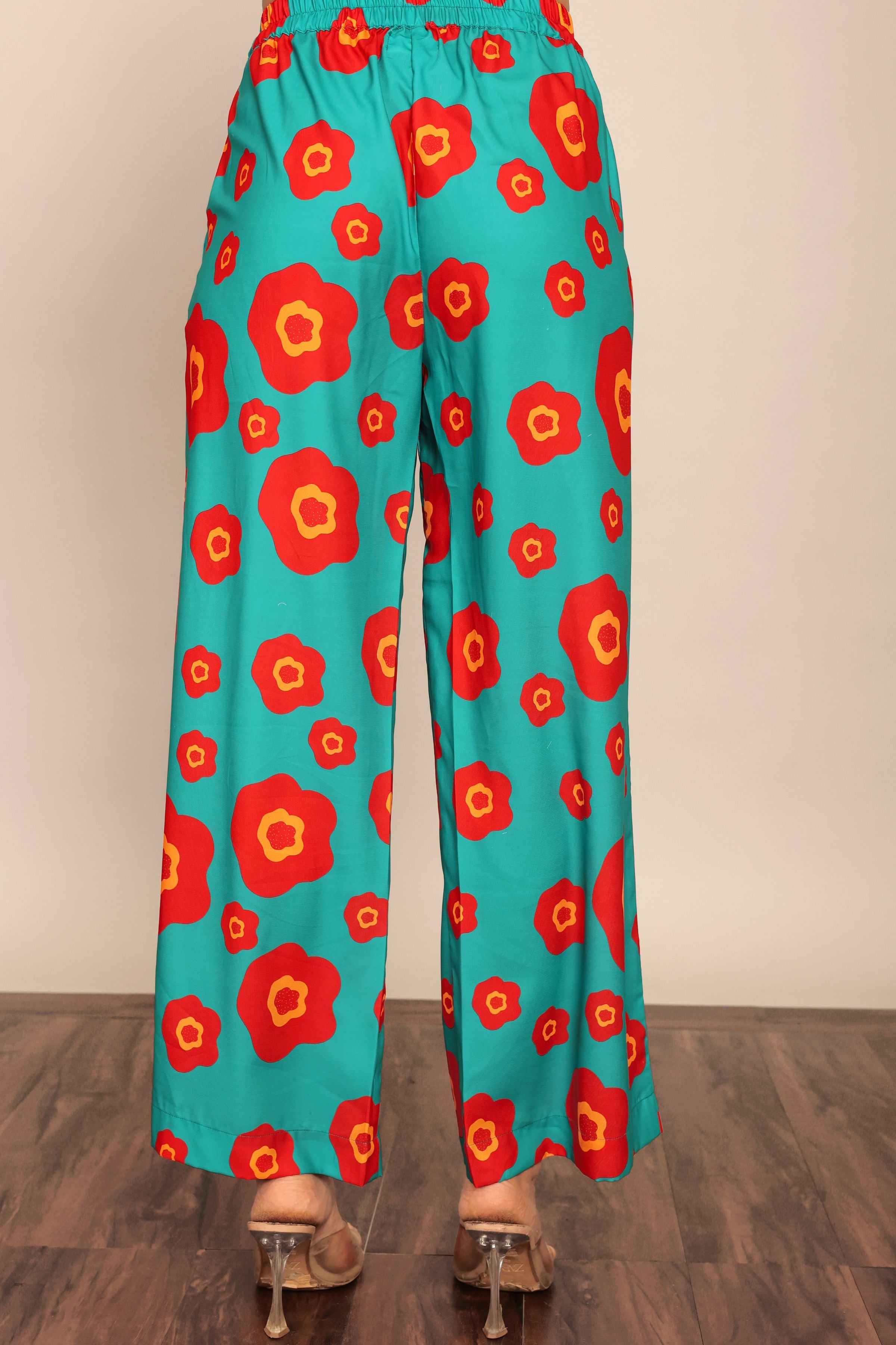 Sea Green and Red Floral Print Relaxed Pant with 2 Pockets and Full Elastic Belt - Kaoribyshreya