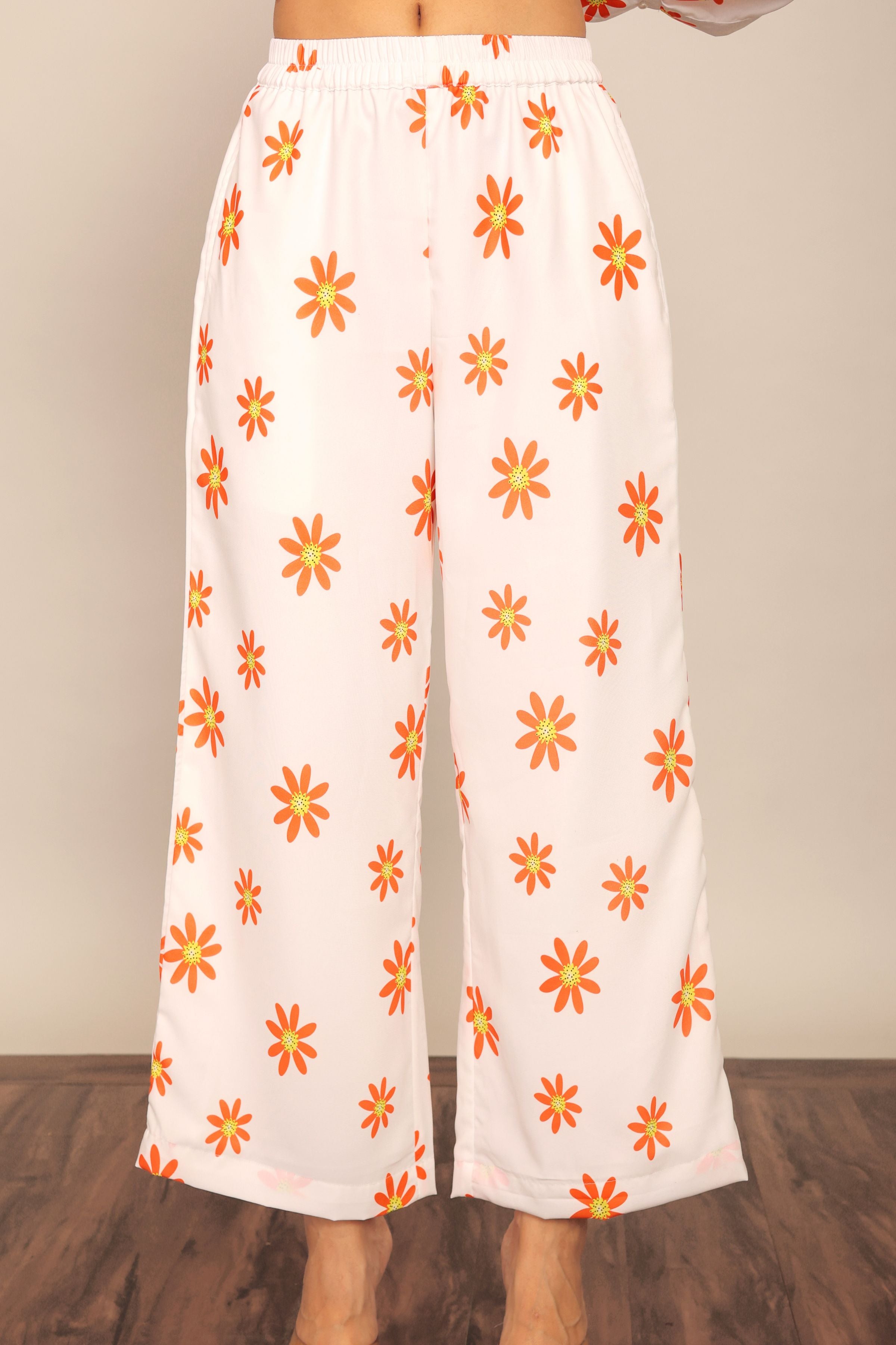 White and Orange Floral Print Relaxed Pant with 2 Pockets and Full Elastic Belt - Kaoribyshreya