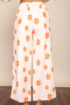 White and Orange Floral Print Relaxed Pant with 2 Pockets and Full Elastic Belt - Kaoribyshreya