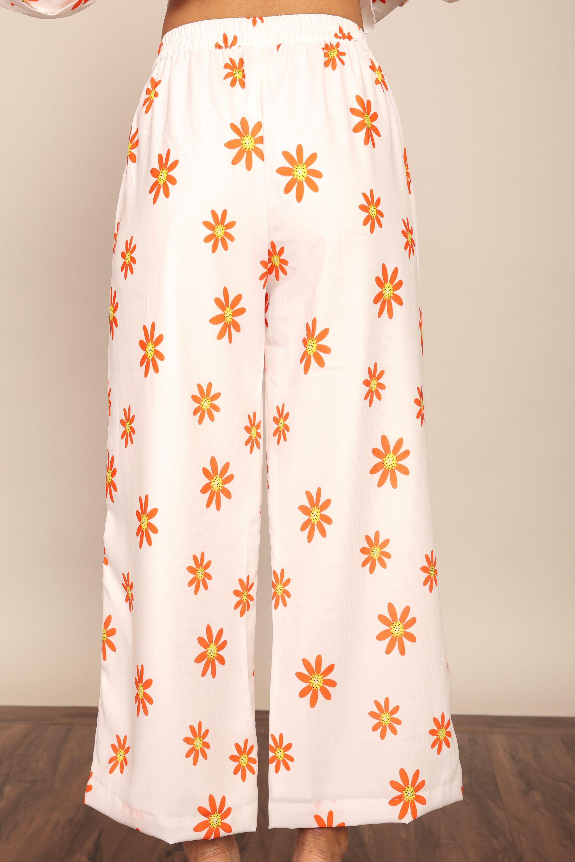 White and Orange Floral Print Relaxed Pant with 2 Pockets and Full Elastic Belt - Kaoribyshreya