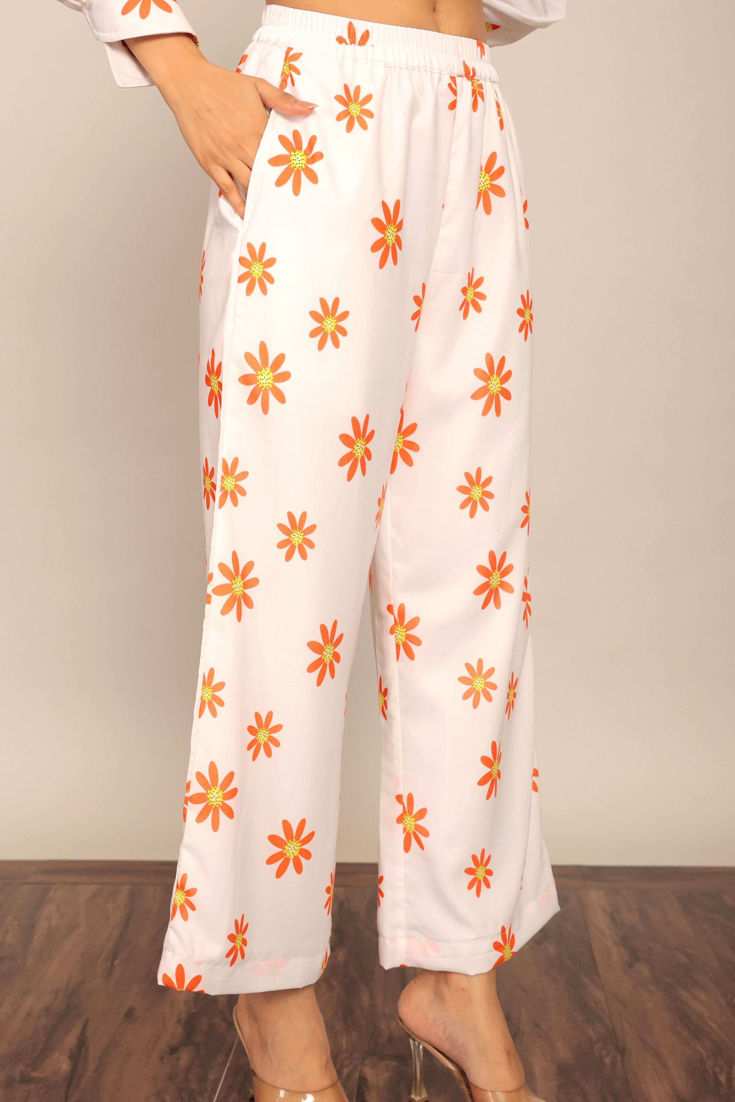 White and Orange Floral Print Relaxed Pant with 2 Pockets and Full Elastic Belt - Kaoribyshreya
