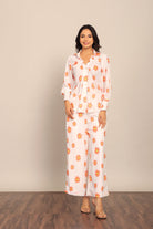 White and Orange Floral Print Relaxed Pant with 2 Pockets and Full Elastic Belt - Kaoribyshreya