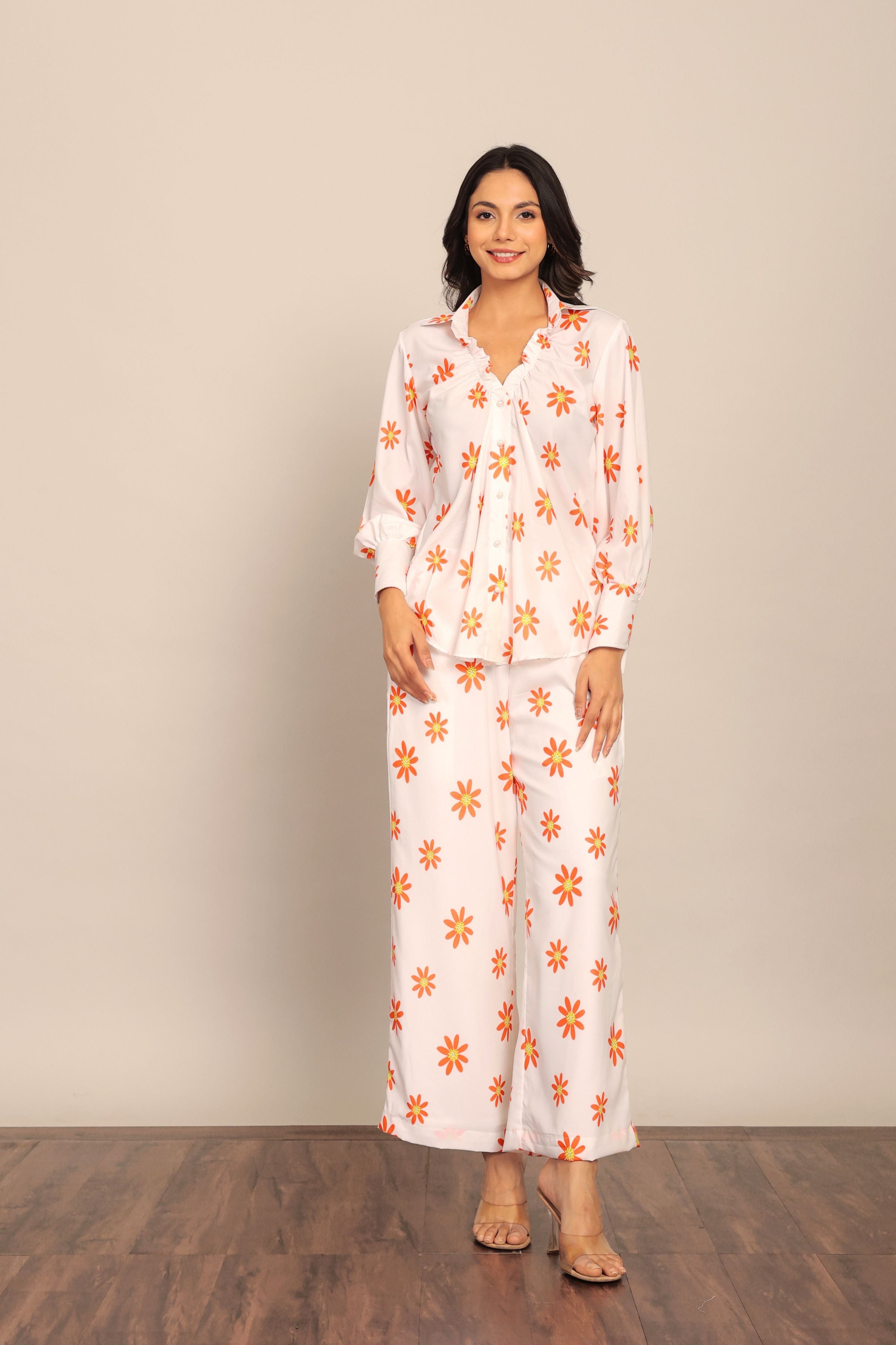 White and Orange Floral Print Relaxed Pant with 2 Pockets and Full Elastic Belt - Kaoribyshreya