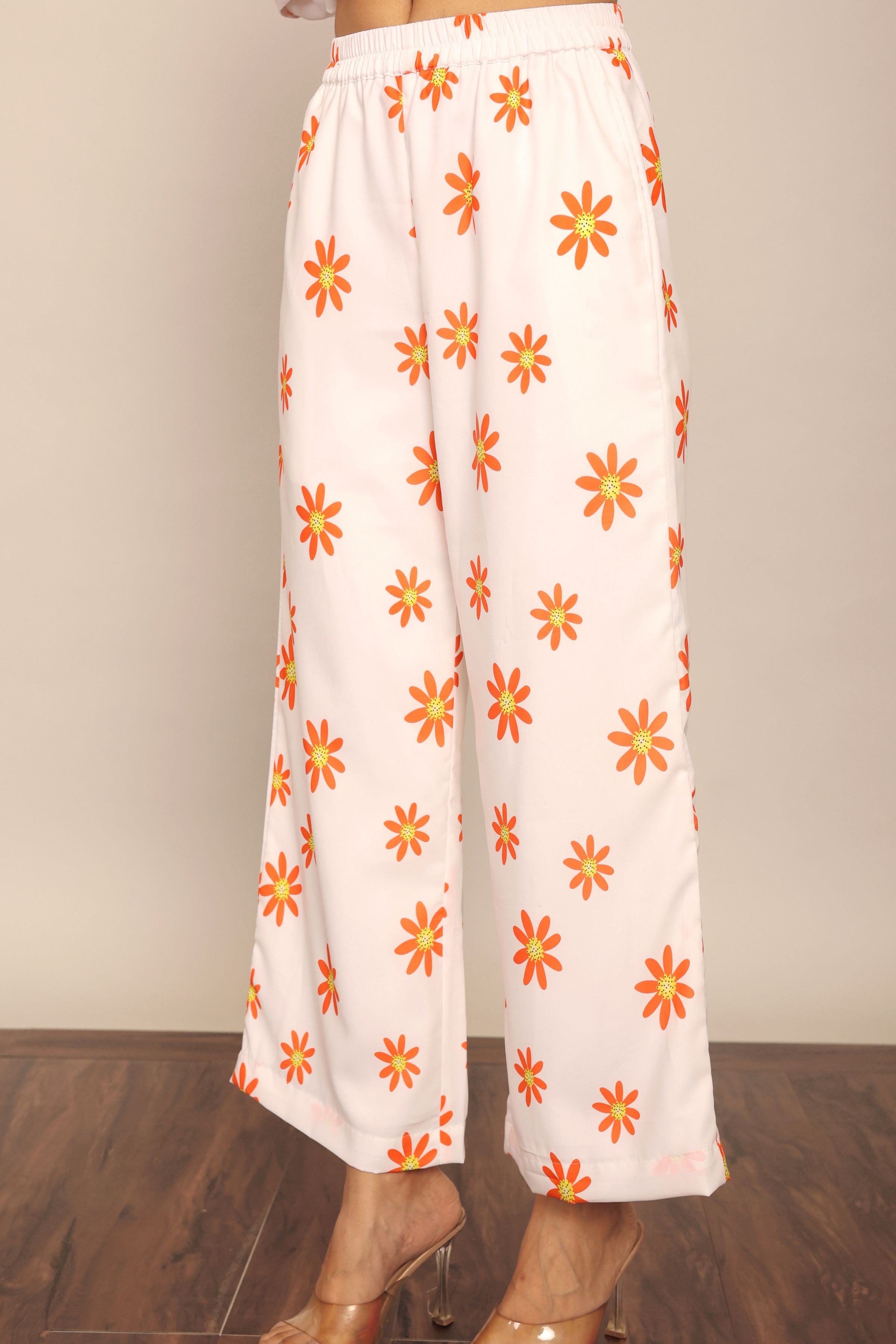 White and Orange Floral Print Relaxed Pant with 2 Pockets and Full Elastic Belt - Kaoribyshreya