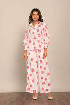 White and Red Floral Print Relaxed Pant with 2 Pockets and Full Elastic Belt - Kaoribyshreya