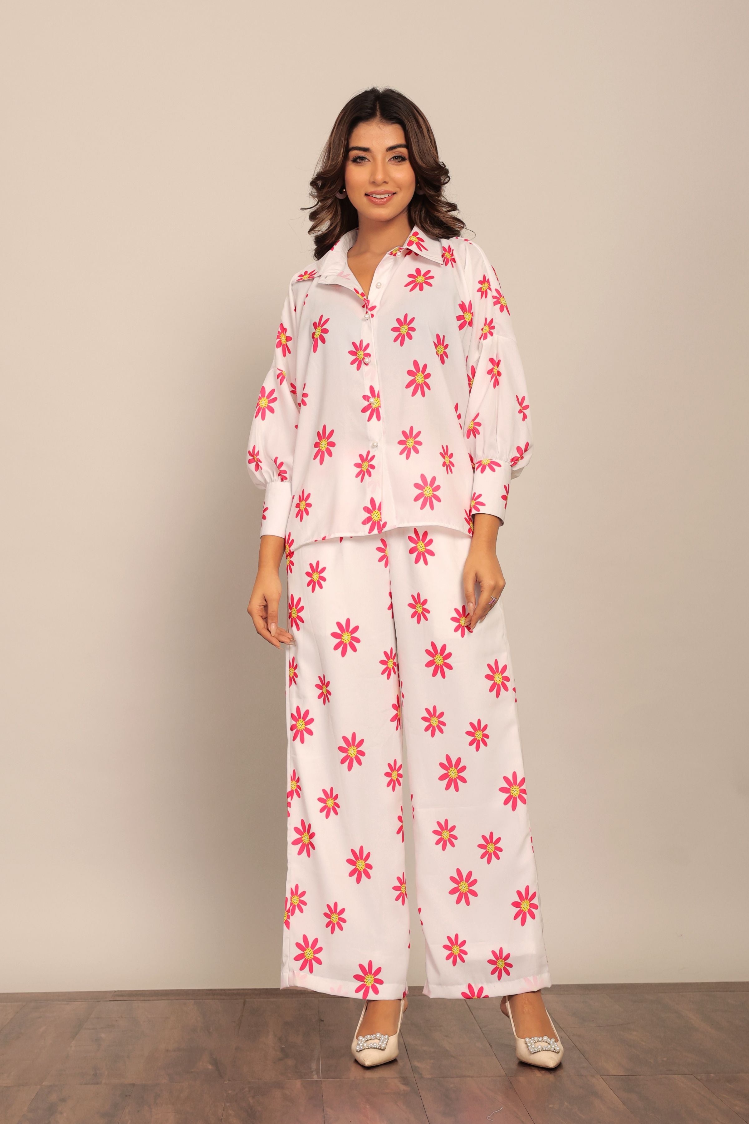 White and Red Floral Print Relaxed Pant with 2 Pockets and Full Elastic Belt - Kaoribyshreya