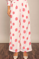 White and Red Floral Print Relaxed Pant with 2 Pockets and Full Elastic Belt - Kaoribyshreya