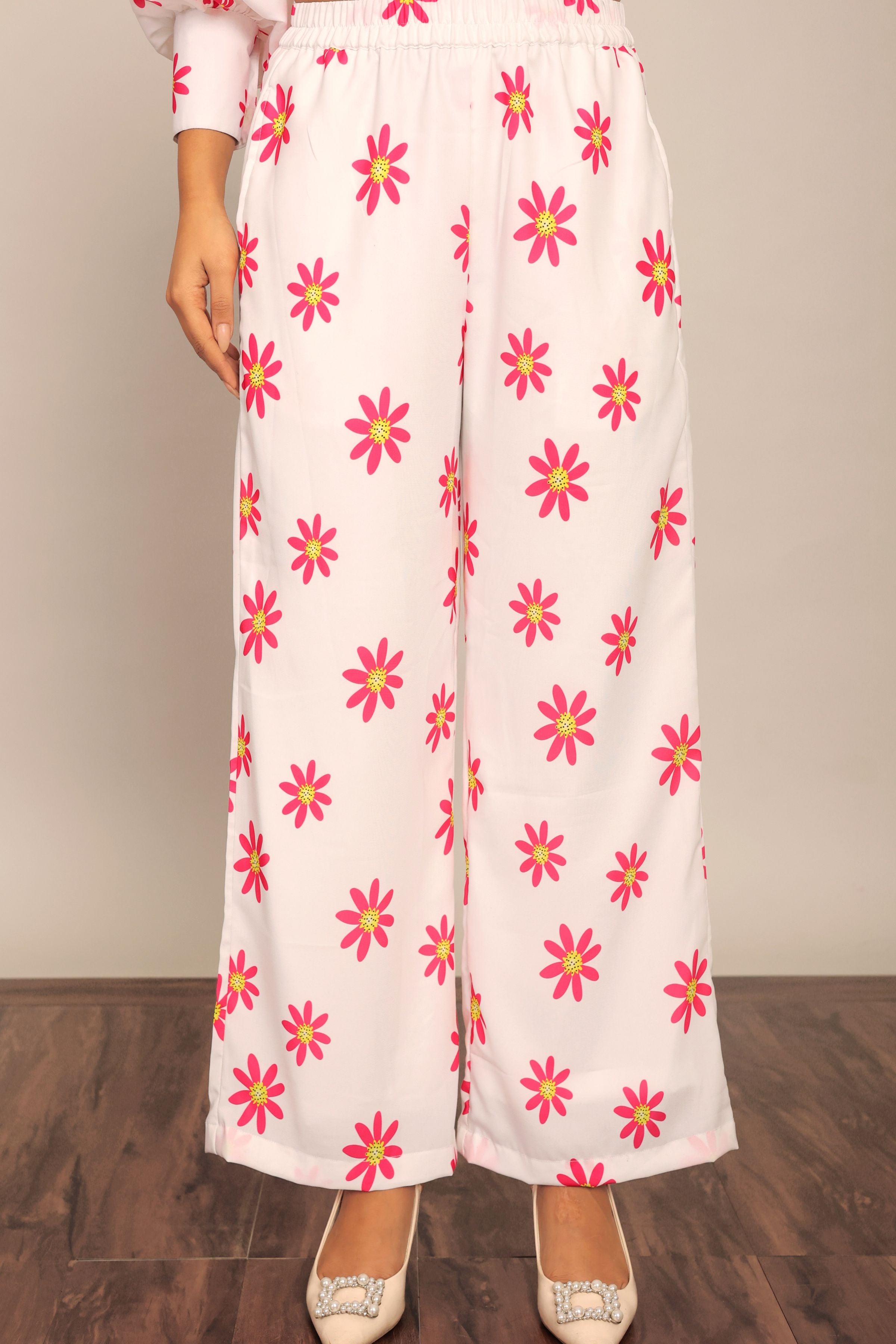 White and Red Floral Print Relaxed Pant with 2 Pockets and Full Elastic Belt - Kaoribyshreya