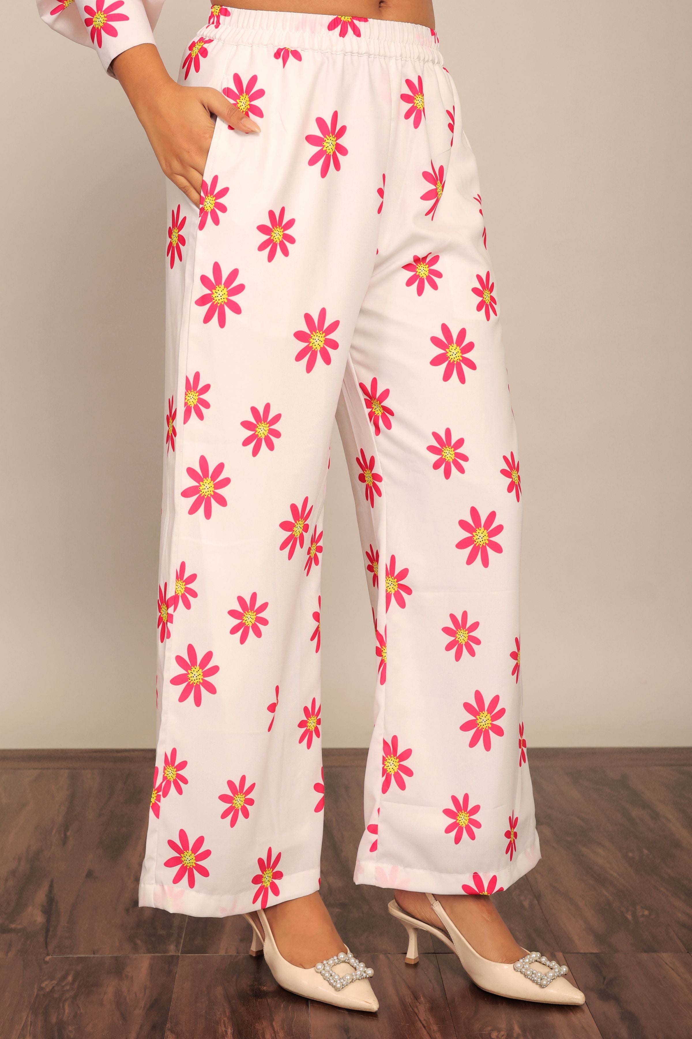 White and Red Floral Print Relaxed Pant with 2 Pockets and Full Elastic Belt - Kaoribyshreya