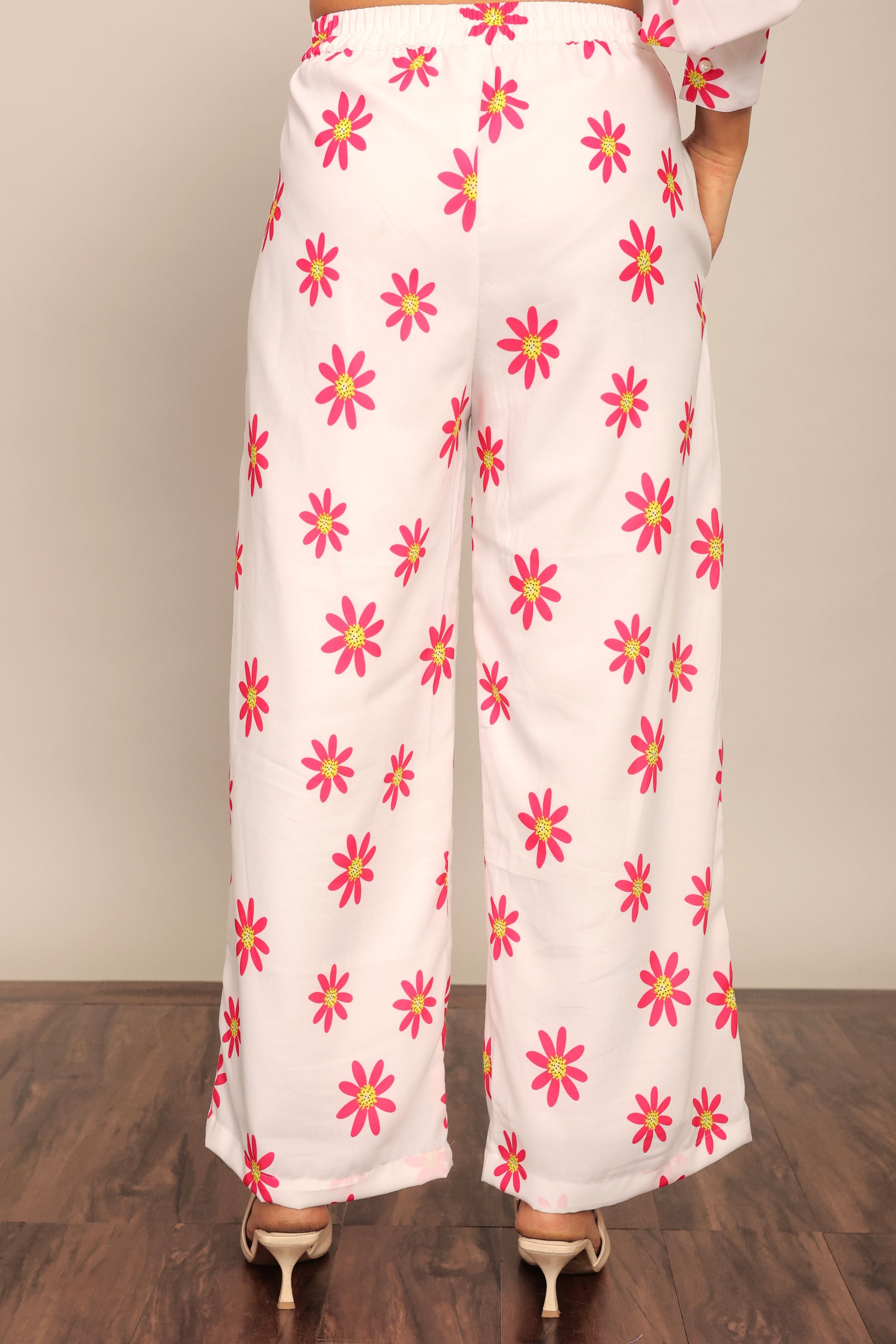 White and Red Floral Print Relaxed Pant with 2 Pockets and Full Elastic Belt - Kaoribyshreya