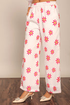 White and Red Floral Print Relaxed Pant with 2 Pockets and Full Elastic Belt - Kaoribyshreya