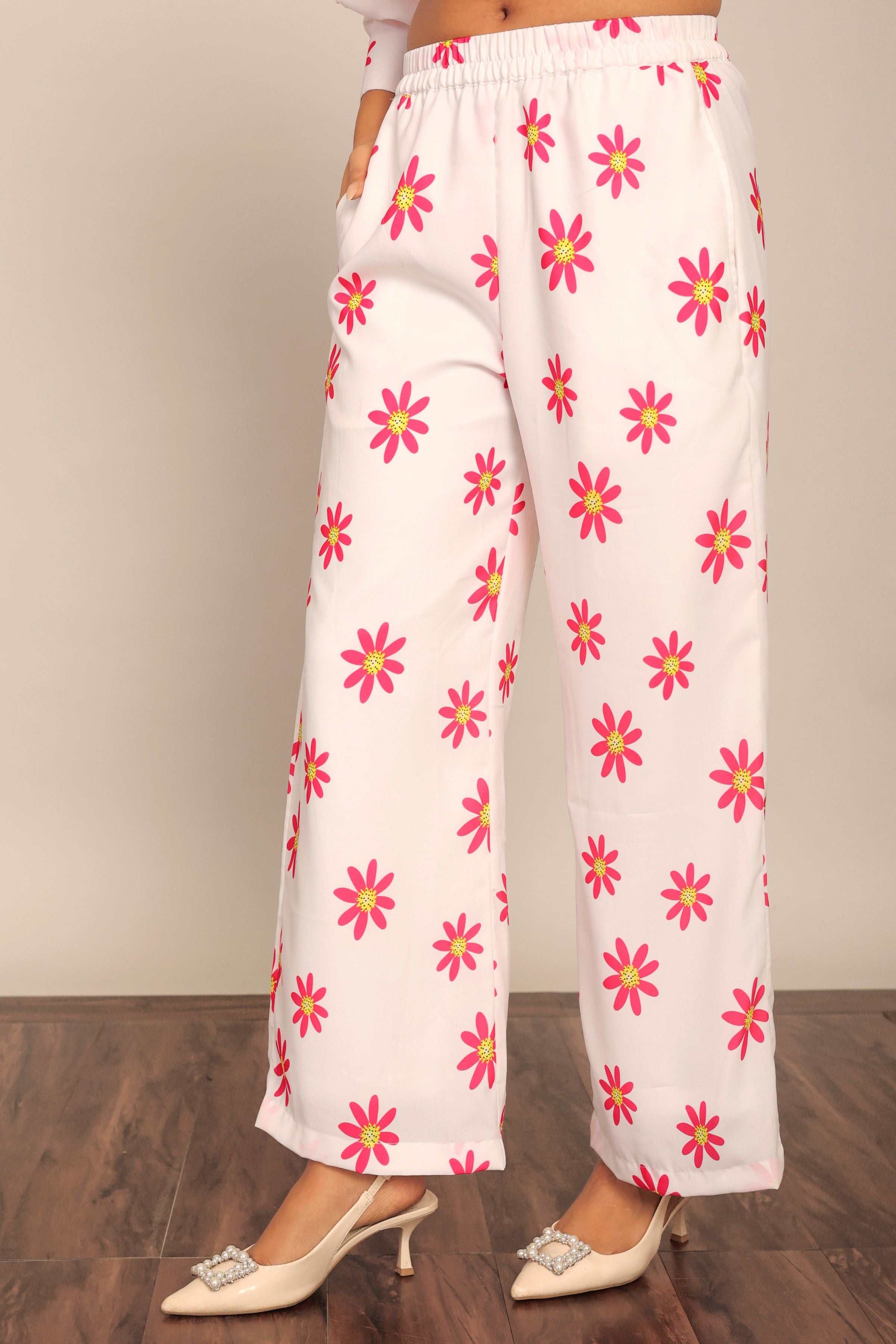 White and Red Floral Print Relaxed Pant with 2 Pockets and Full Elastic Belt - Kaoribyshreya